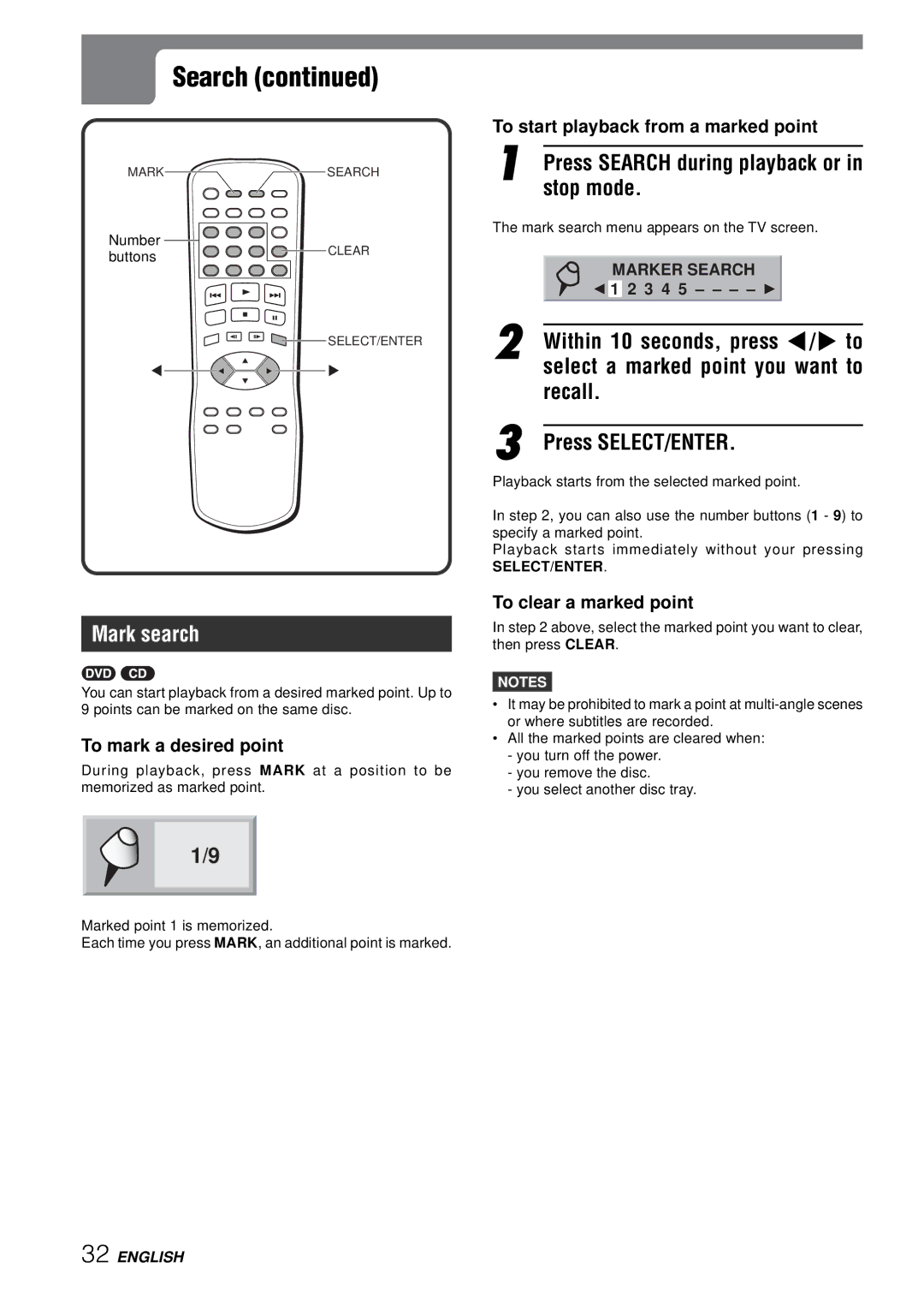 Aiwa XD-SPM823 operating instructions Search, Mark search, To mark a desired point, To clear a marked point 