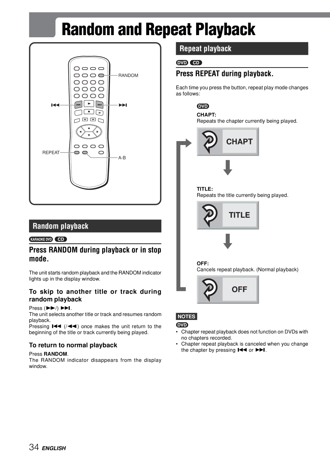 Aiwa XD-SPM823 Random and Repeat Playback, Repeat playback, Press Repeat during playback, Random playback 