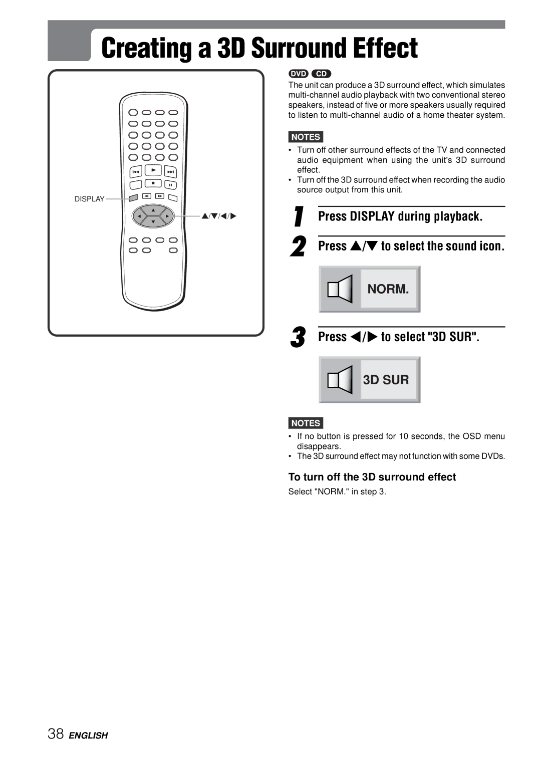 Aiwa XD-SPM823 Creating a 3D Surround Effect, Press j/lto select 3D SUR, To turn off the 3D surround effect 