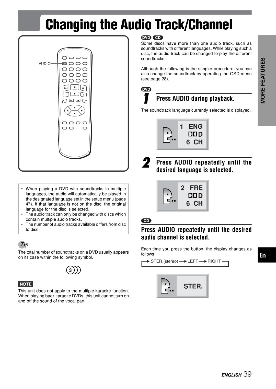 Aiwa XD-SPM823 operating instructions Changing the Audio Track/Channel, Press Audio during playback 