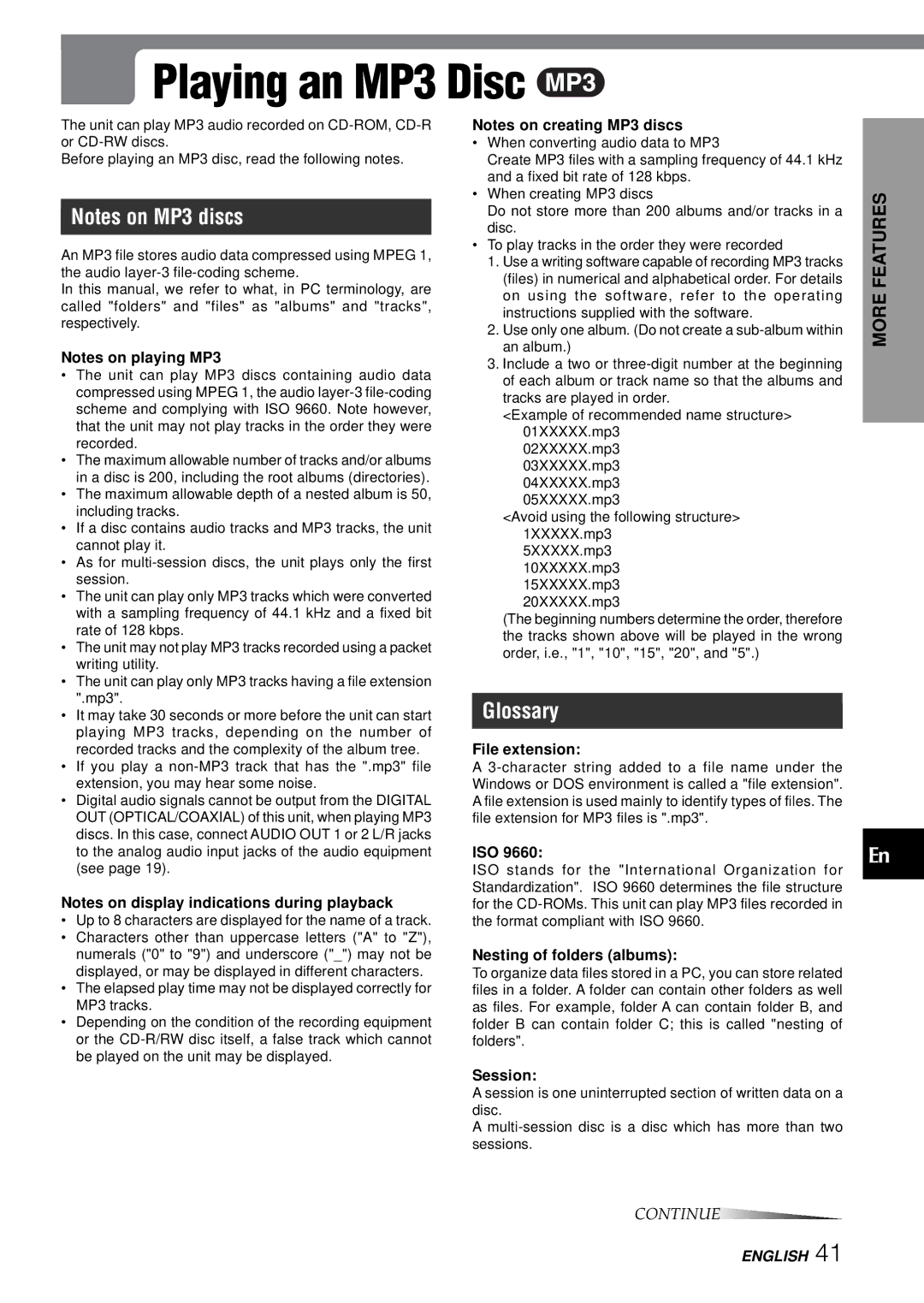 Aiwa XD-SPM823 operating instructions Playing an MP3 Disc, Glossary 