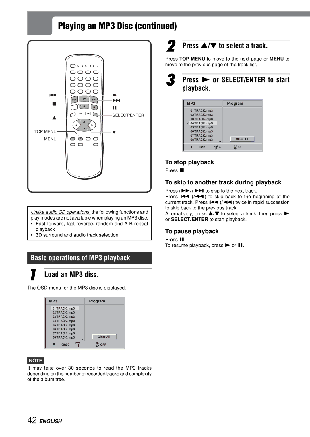 Aiwa XD-SPM823 Playing an MP3 Disc, Press i/kto select a track, Basic operations of MP3 playback, Load an MP3 disc 