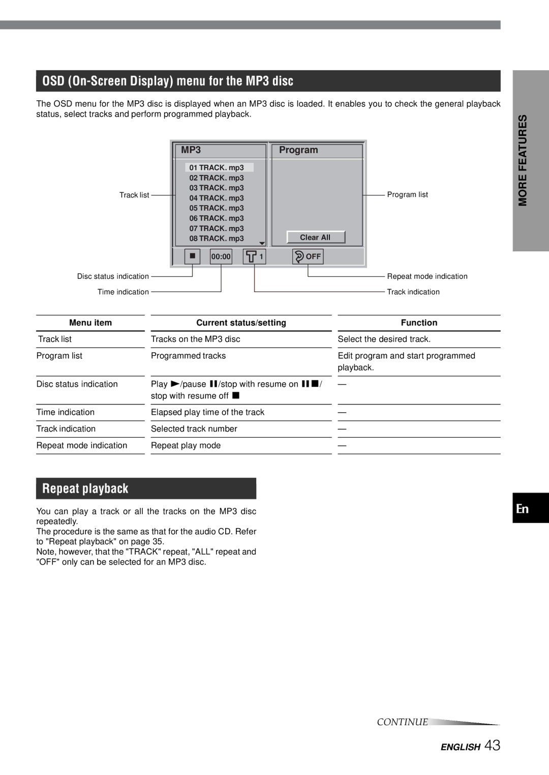 Aiwa XD-SPM823 OSD On-Screen Display menu for the MP3 disc, Menu item Current status/setting Function 