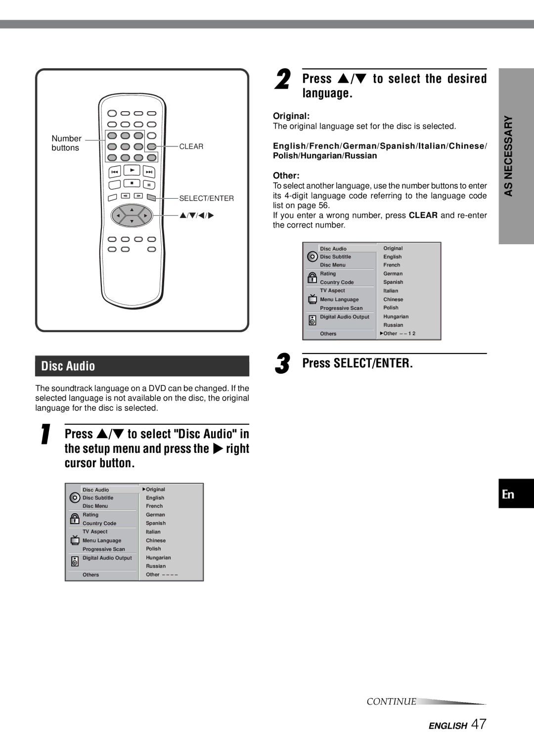 Aiwa XD-SPM823 operating instructions Disc Audio, Press i/k to select the desired language 