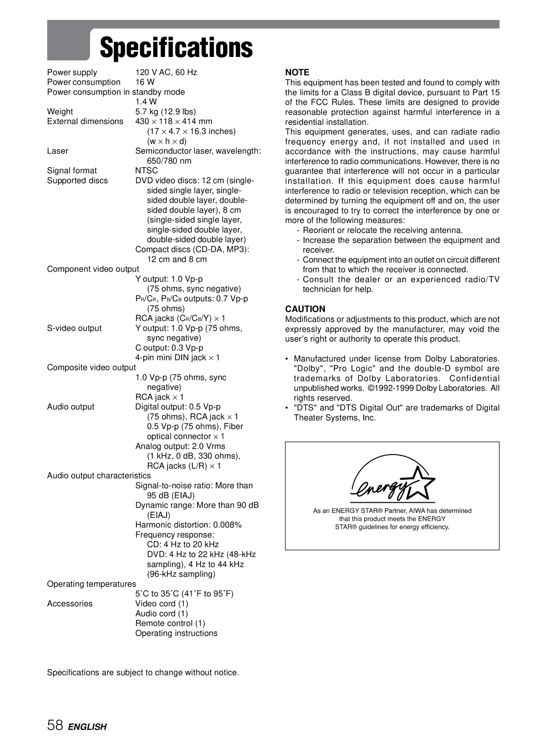 Aiwa XD-SPM823 operating instructions Specifications, Ntsc 