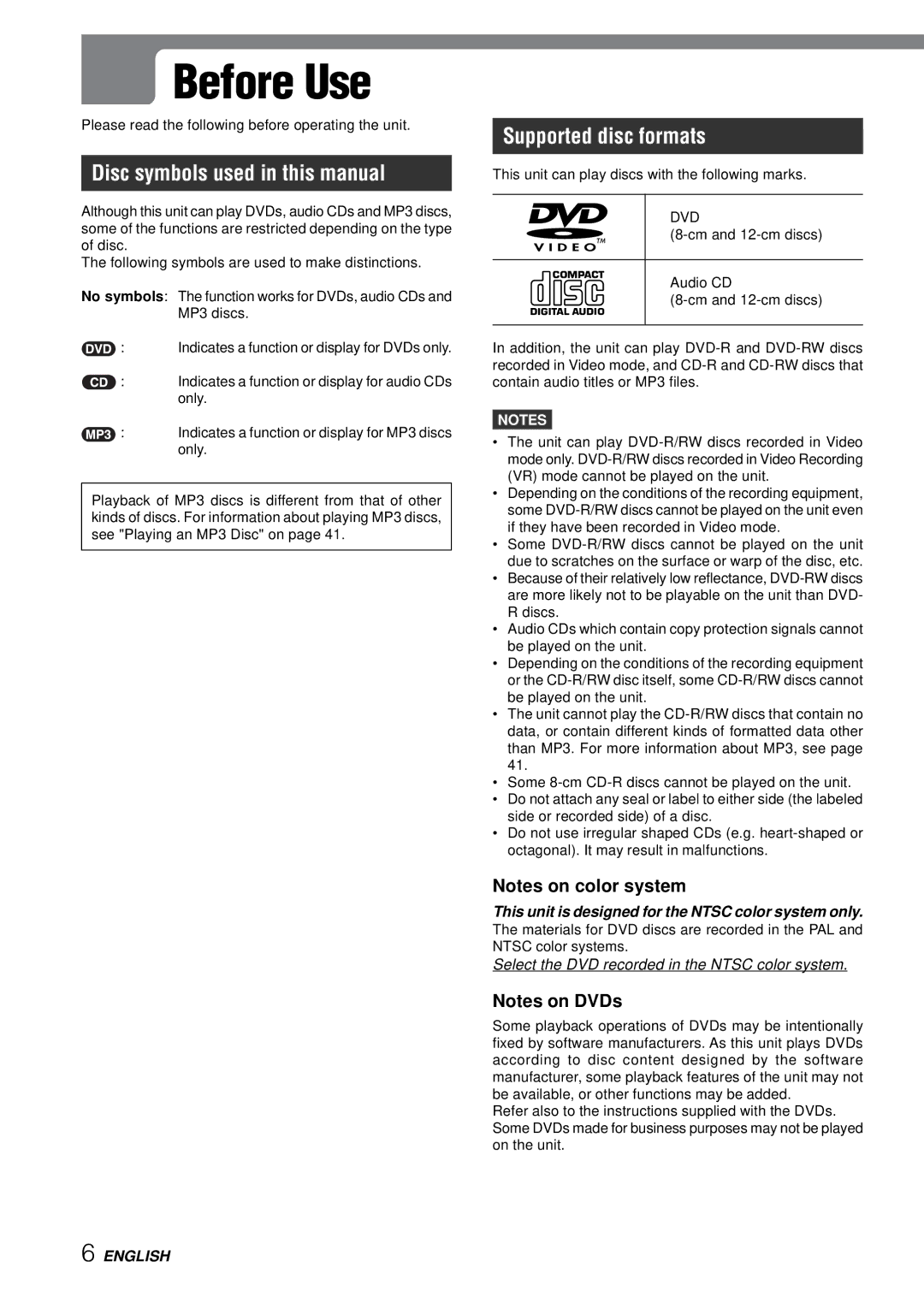 Aiwa XD-SPM823 operating instructions Before Use, Disc symbols used in this manual, Supported disc formats 