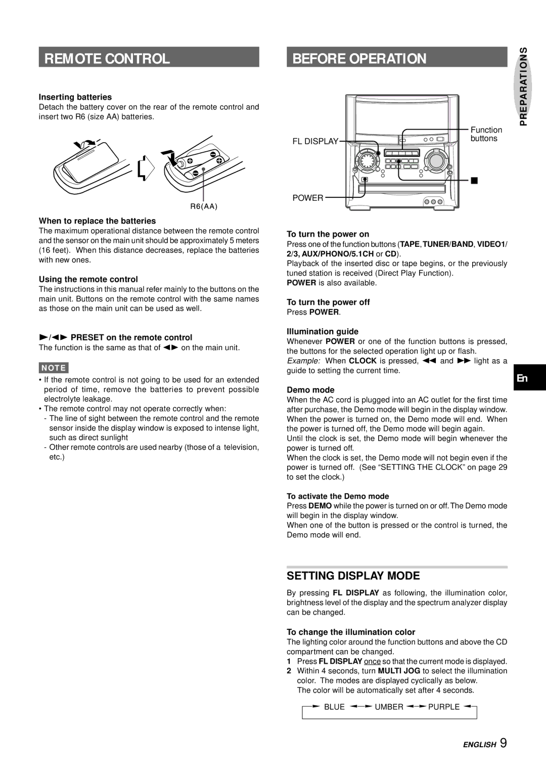 Aiwa XH-A1000 manual Remote Control, Before Operation, Setting Display Mode, Preparations 