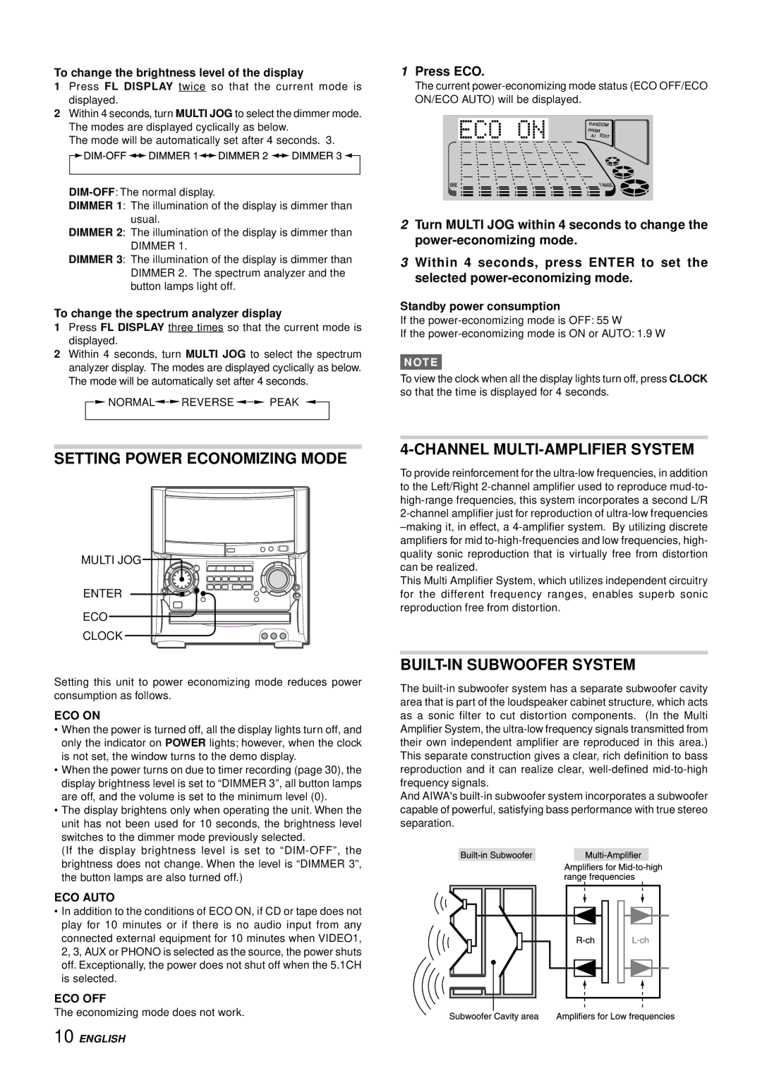 Aiwa XH-A1000 manual Setting Power Economizing Mode, Channel MULTI-AMPLIFIER System, BUILT-IN Subwoofer System, Press ECO 