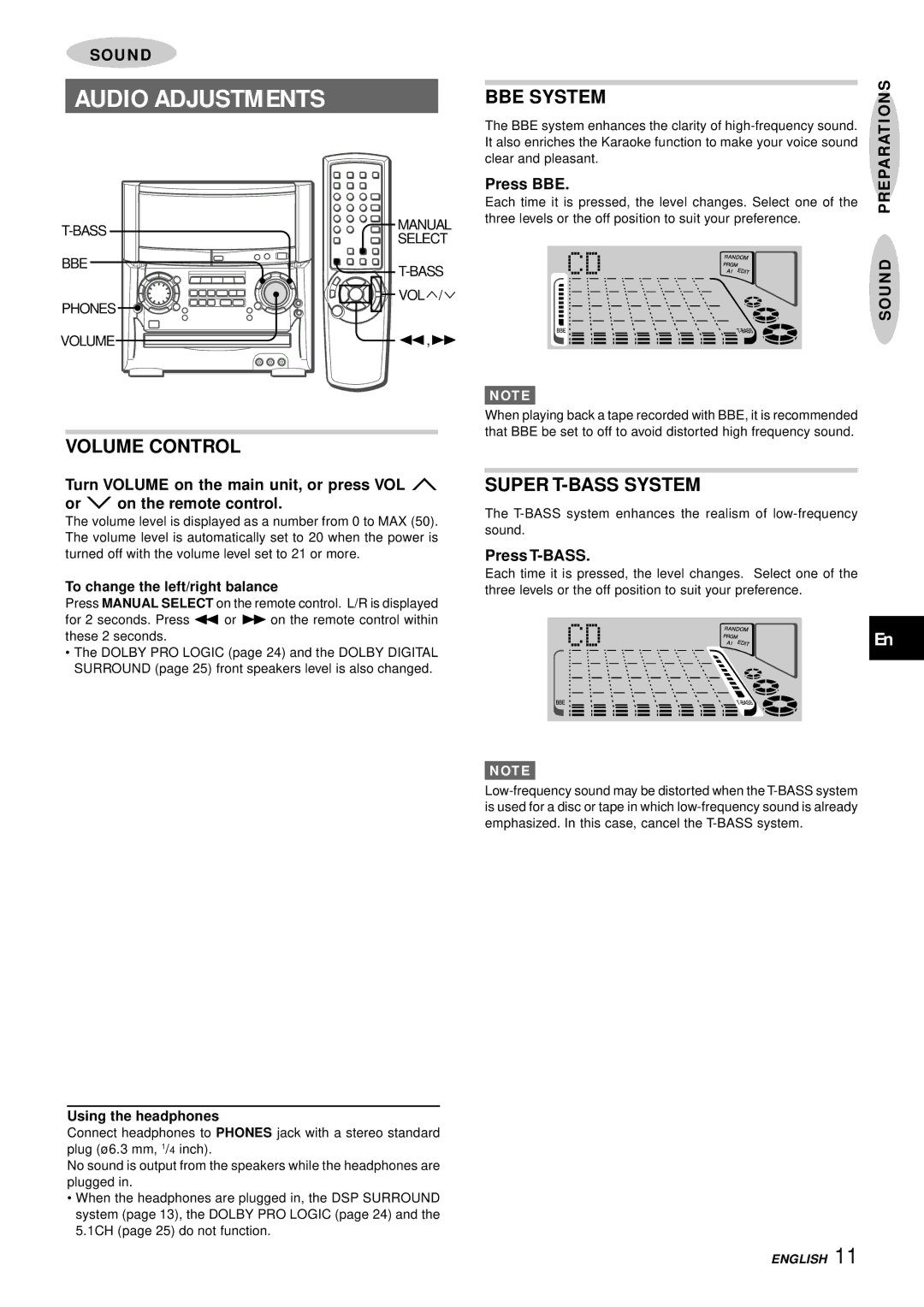 Aiwa XH-A1000 manual Audio Adjustments, BBE System, Volume Control, Super T-BASS System 