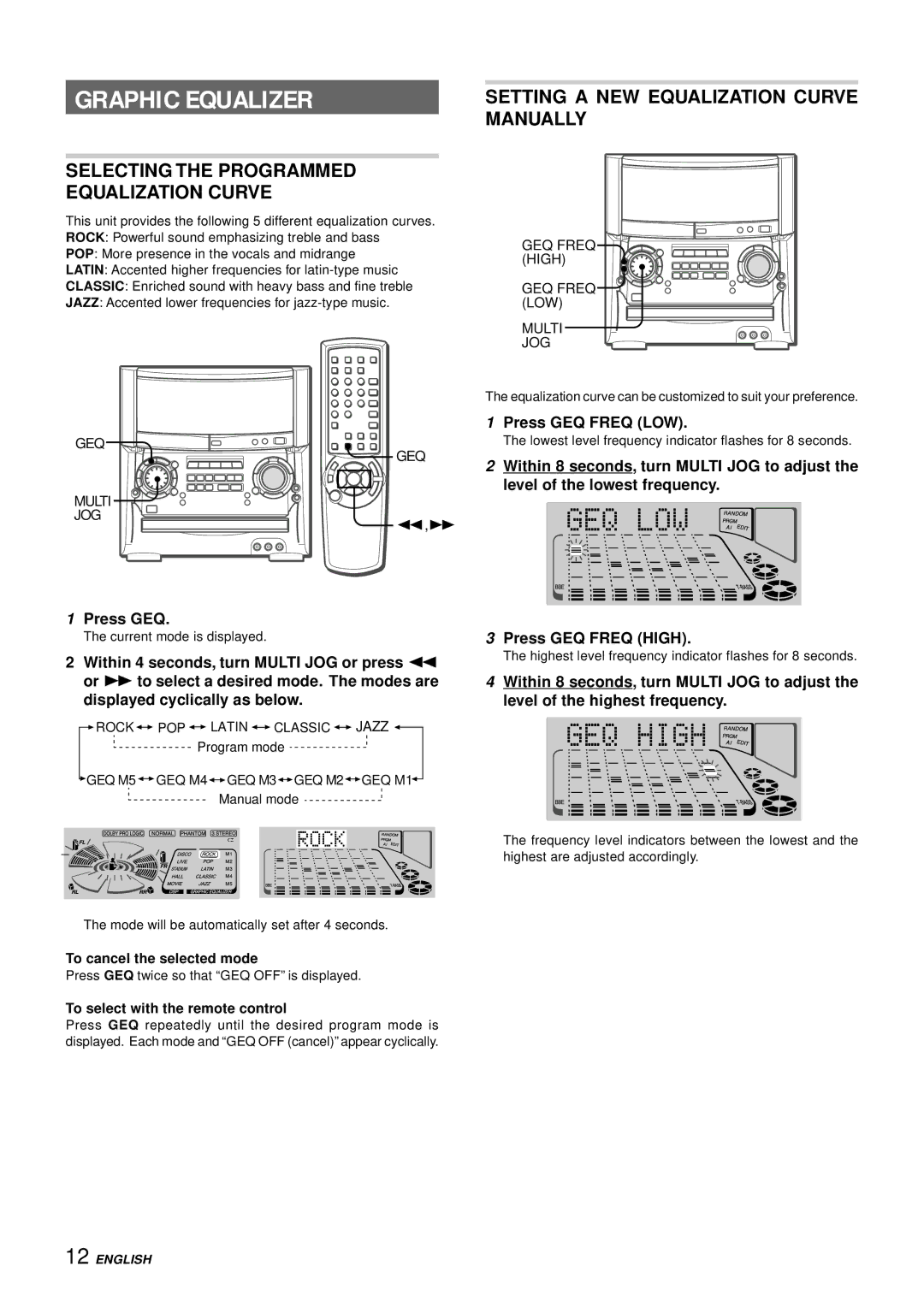 Aiwa XH-A1000 Graphic Equalizer, Selecting the Programmed Equalization Curve, Setting a NEW Equalization Curve Manually 