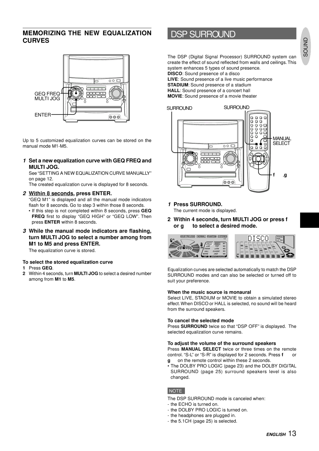 Aiwa XH-A1000 manual DSP Surround, Memorizing the NEW Equalization Curves, Multi JOG 