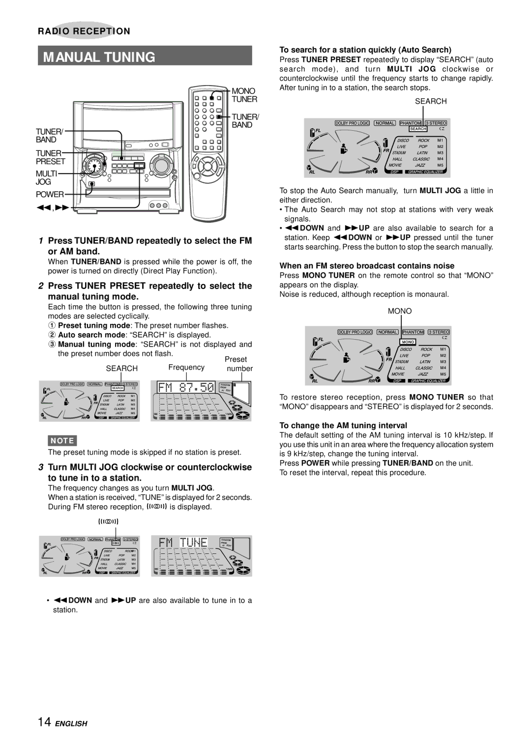 Aiwa XH-A1000 manual Manual Tuning, Press TUNER/BAND repeatedly to select the FM Or AM band 