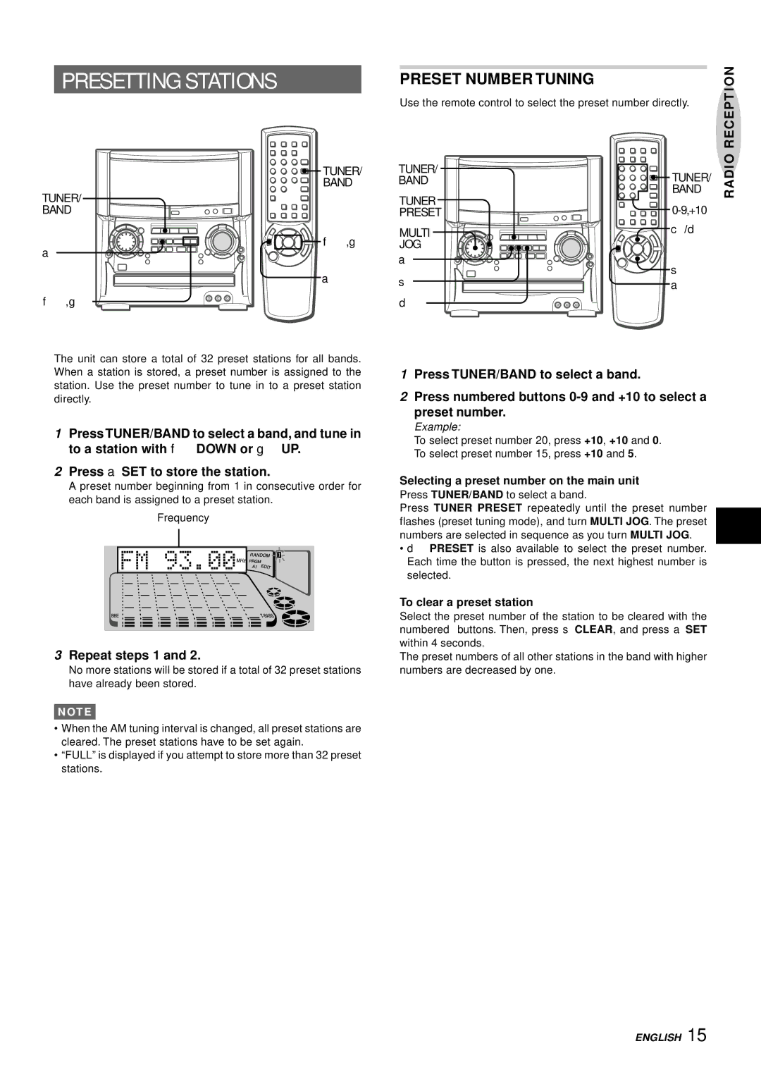 Aiwa XH-A1000 manual Presetting Stations, Preset Number Tuning, Repeat steps 1, Reception, Radio 