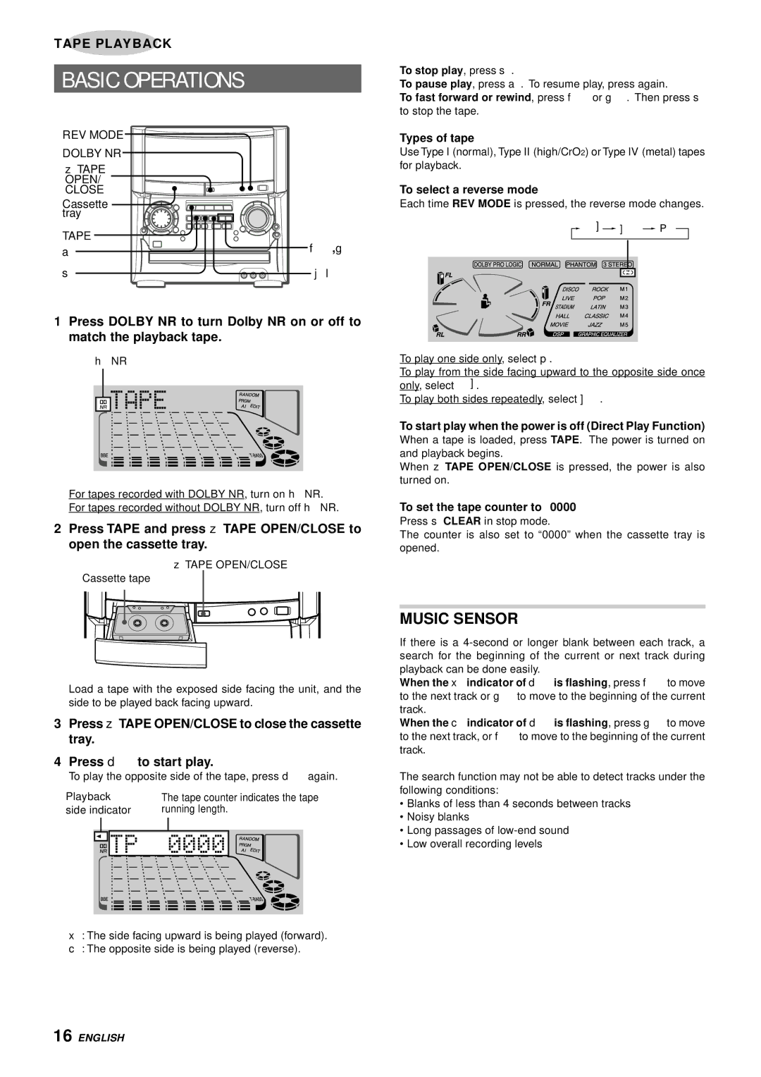 Aiwa XH-A1000 manual Basic Operations, Music Sensor 