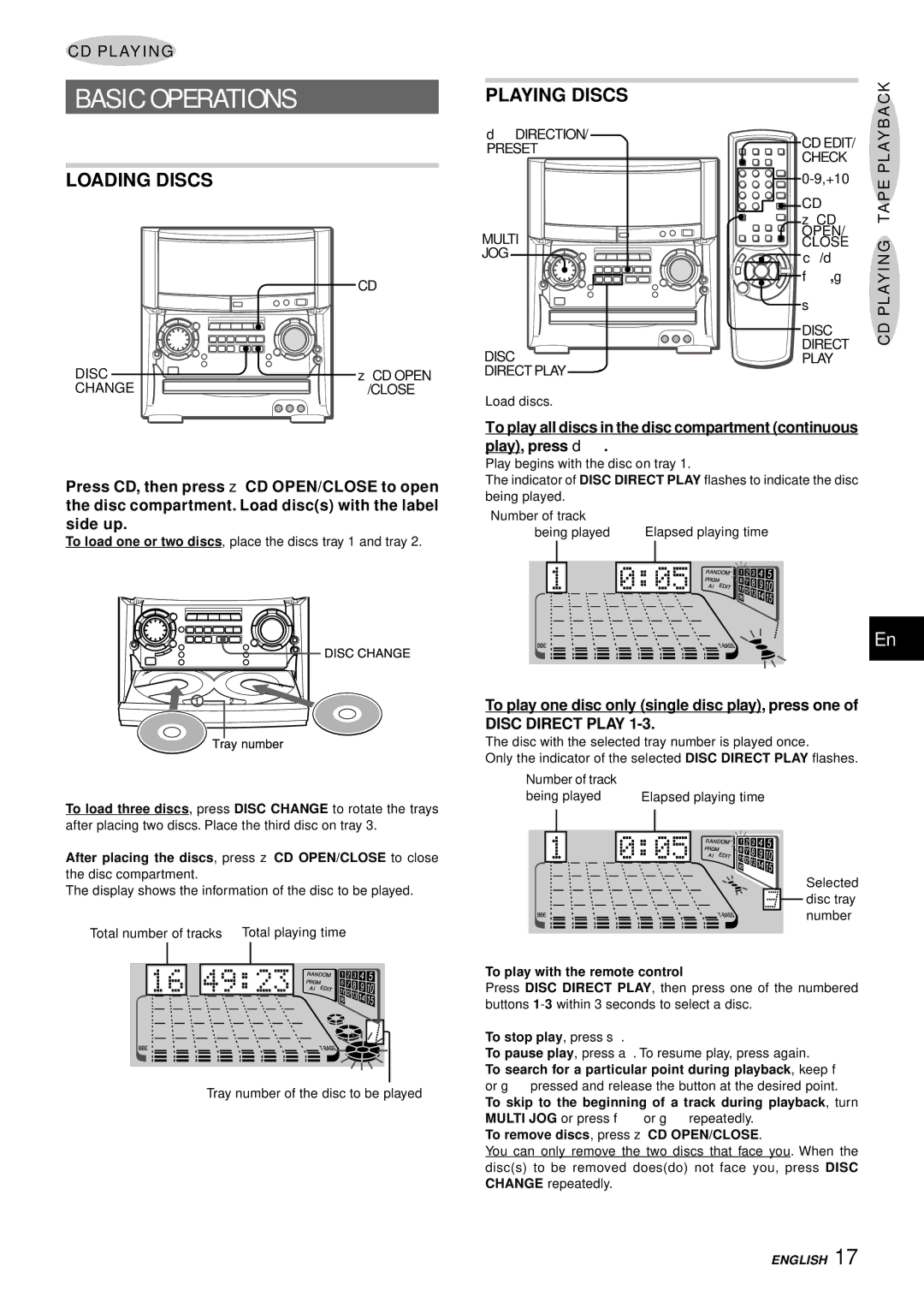 Aiwa XH-A1000 manual Loading Discs, Playing Discs, CD Playing Tape Playback, To play with the remote control 