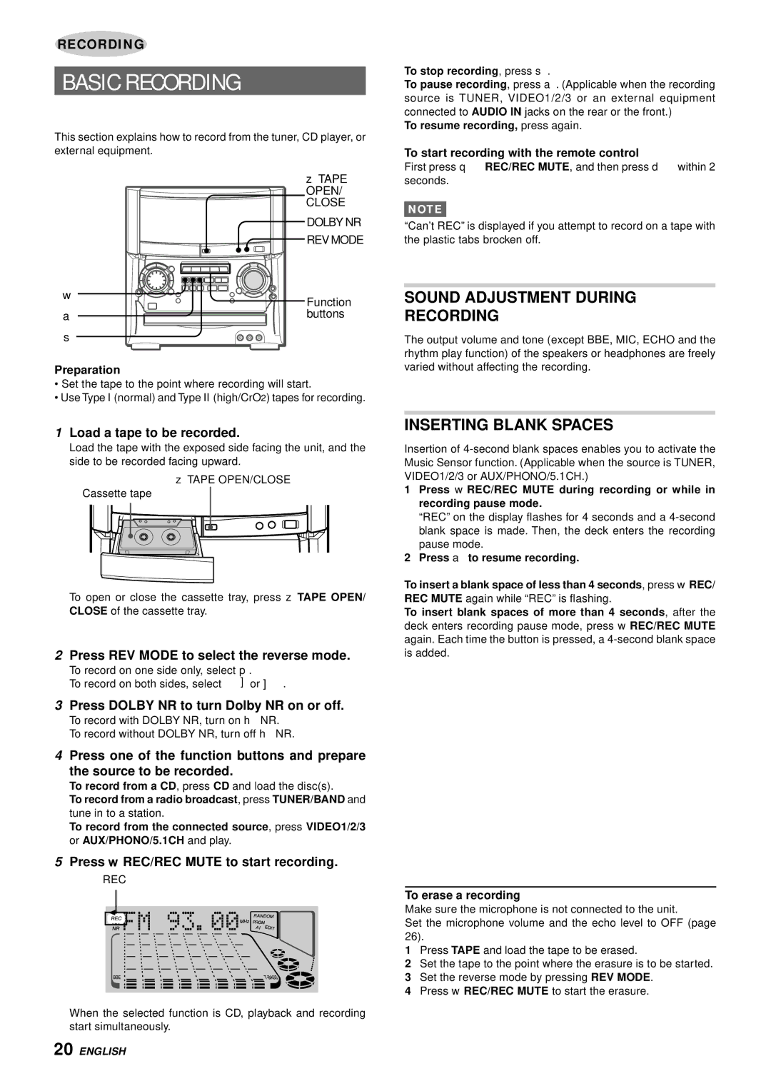 Aiwa XH-A1000 manual Basic Recording, Sound Adjustment During Recording, Inserting Blank Spaces 