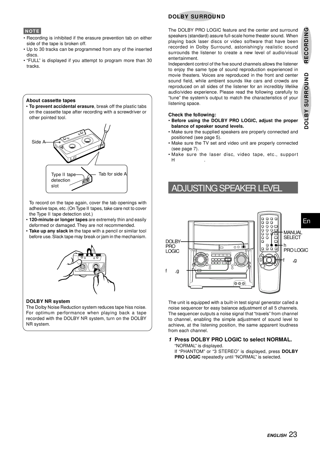 Aiwa XH-A1000 manual Adjusting Speaker Level, Dolby Surround Recording, Press Dolby PRO Logic to select Normal 