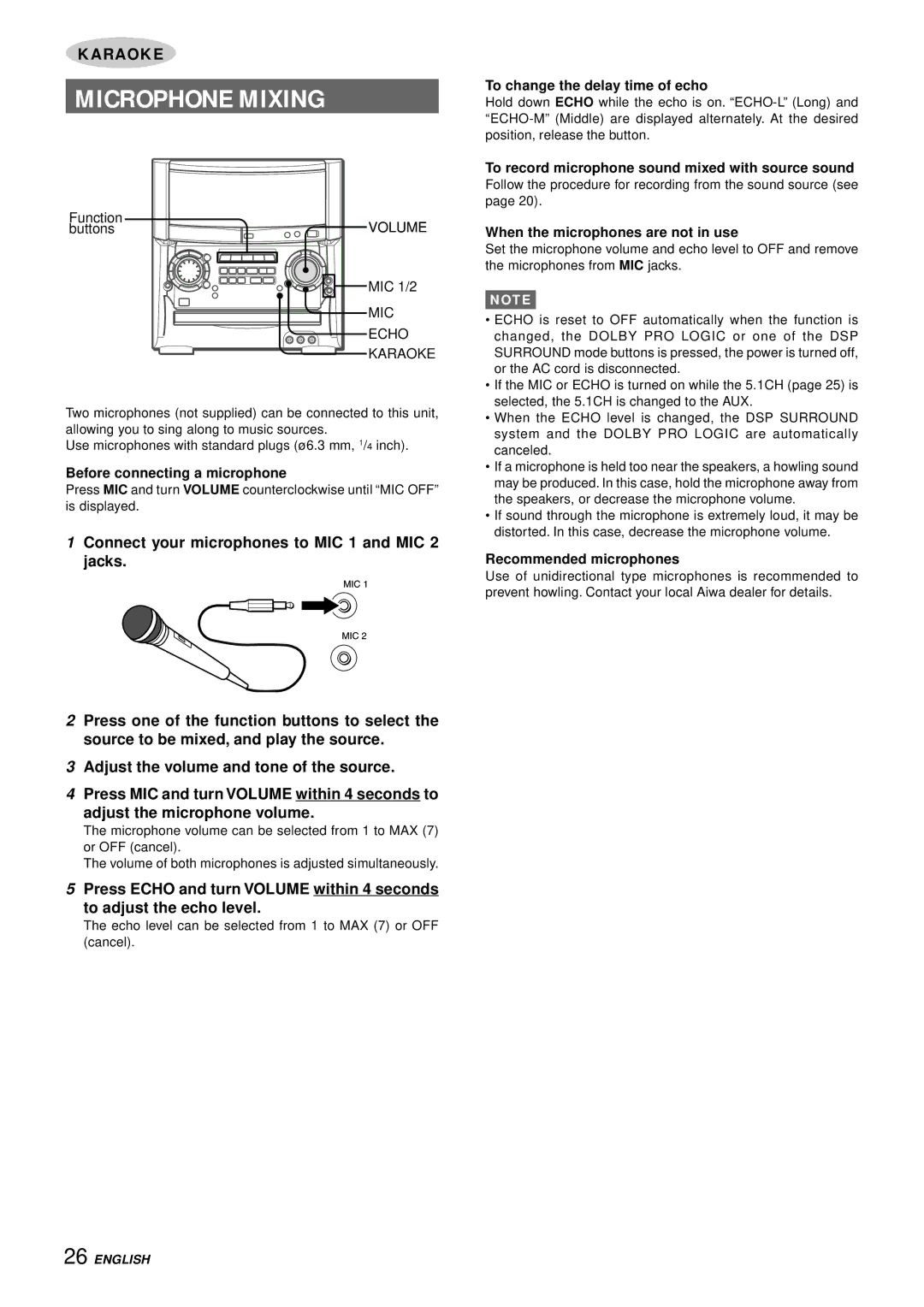 Aiwa XH-A1000 manual Microphone Mixing 