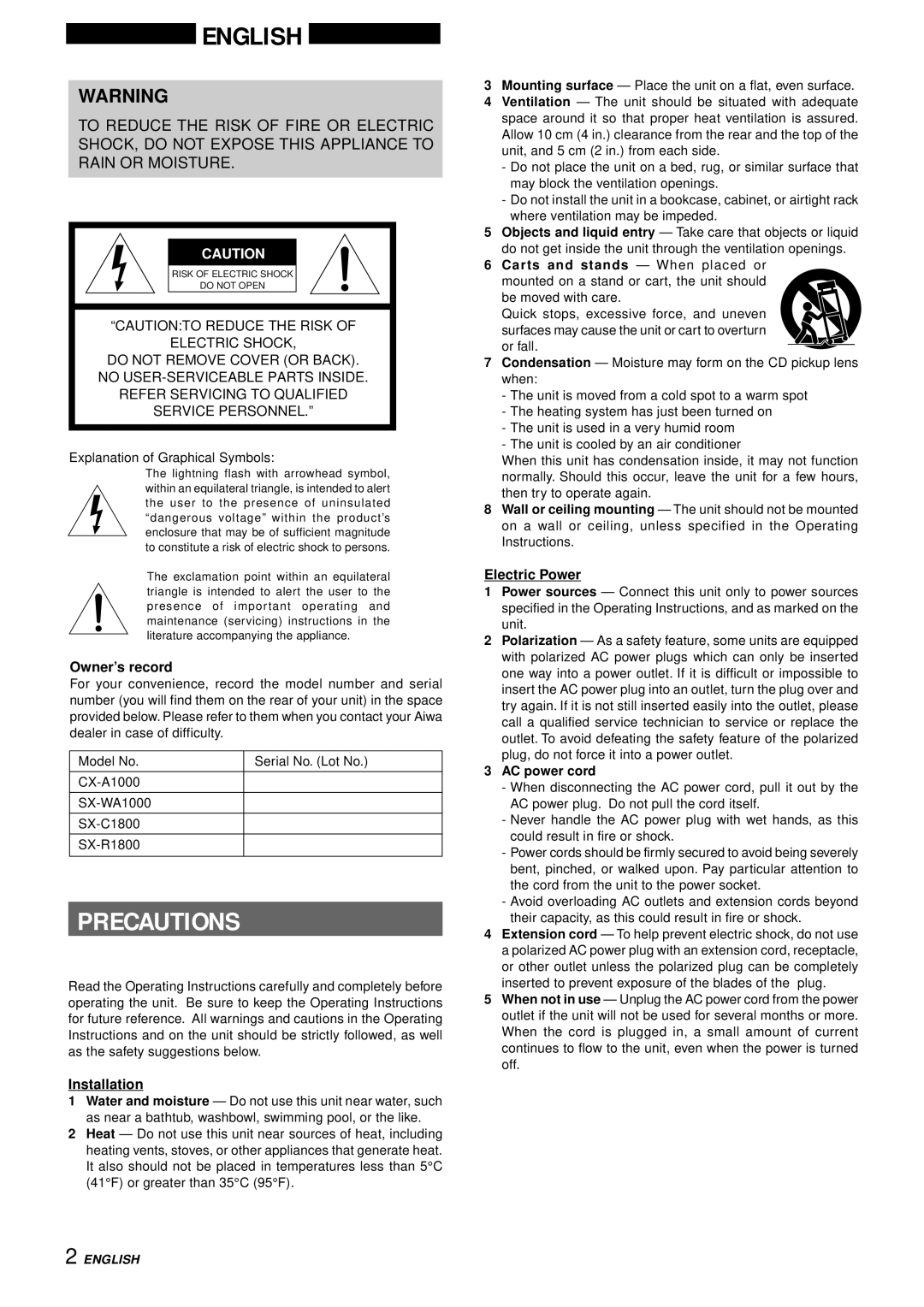 Aiwa XH-A1000 manual Precautions, Owner’s record, Installation, Electric Power, AC power cord 