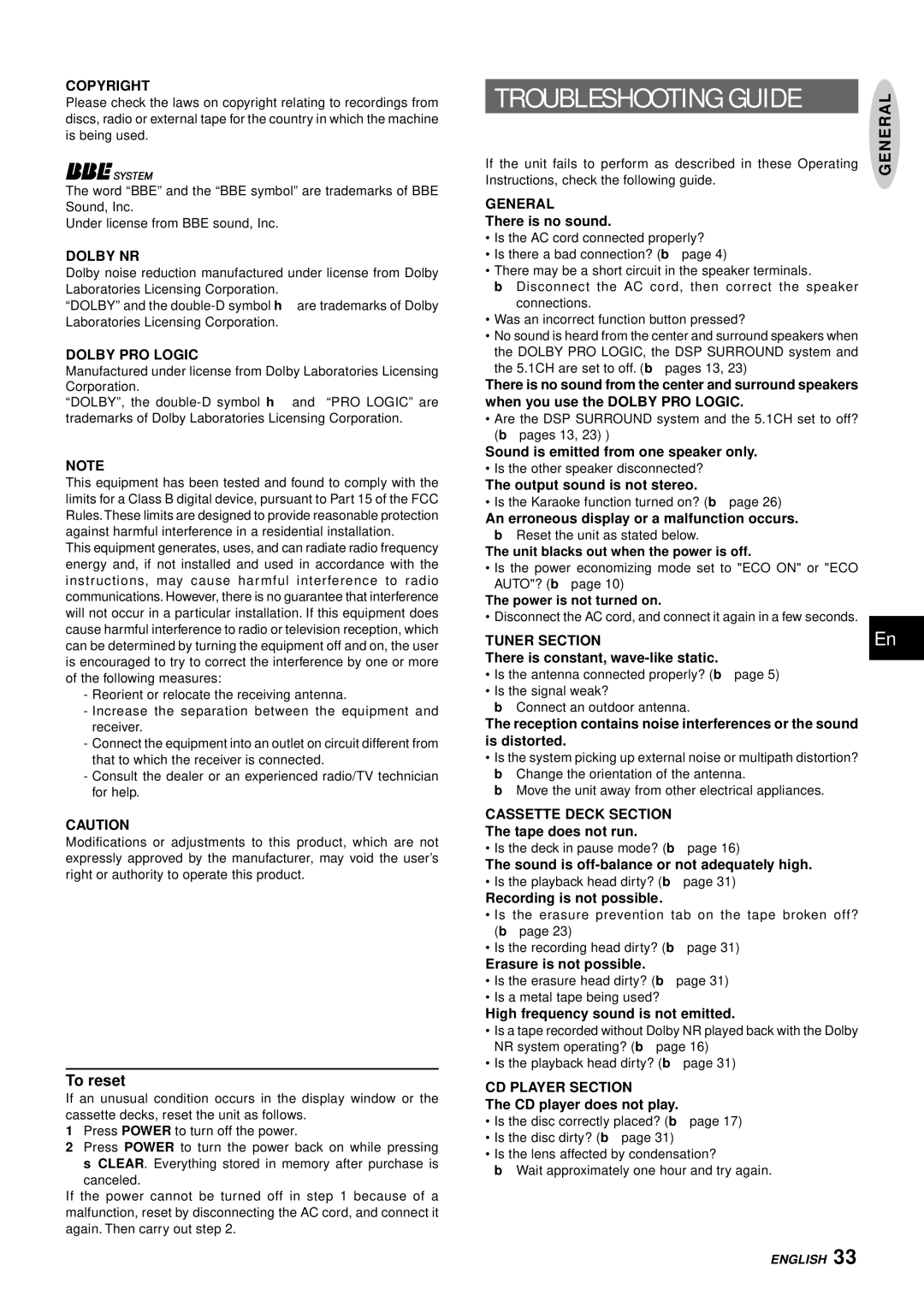 Aiwa XH-A1000 manual Troubleshooting Guide, To reset 