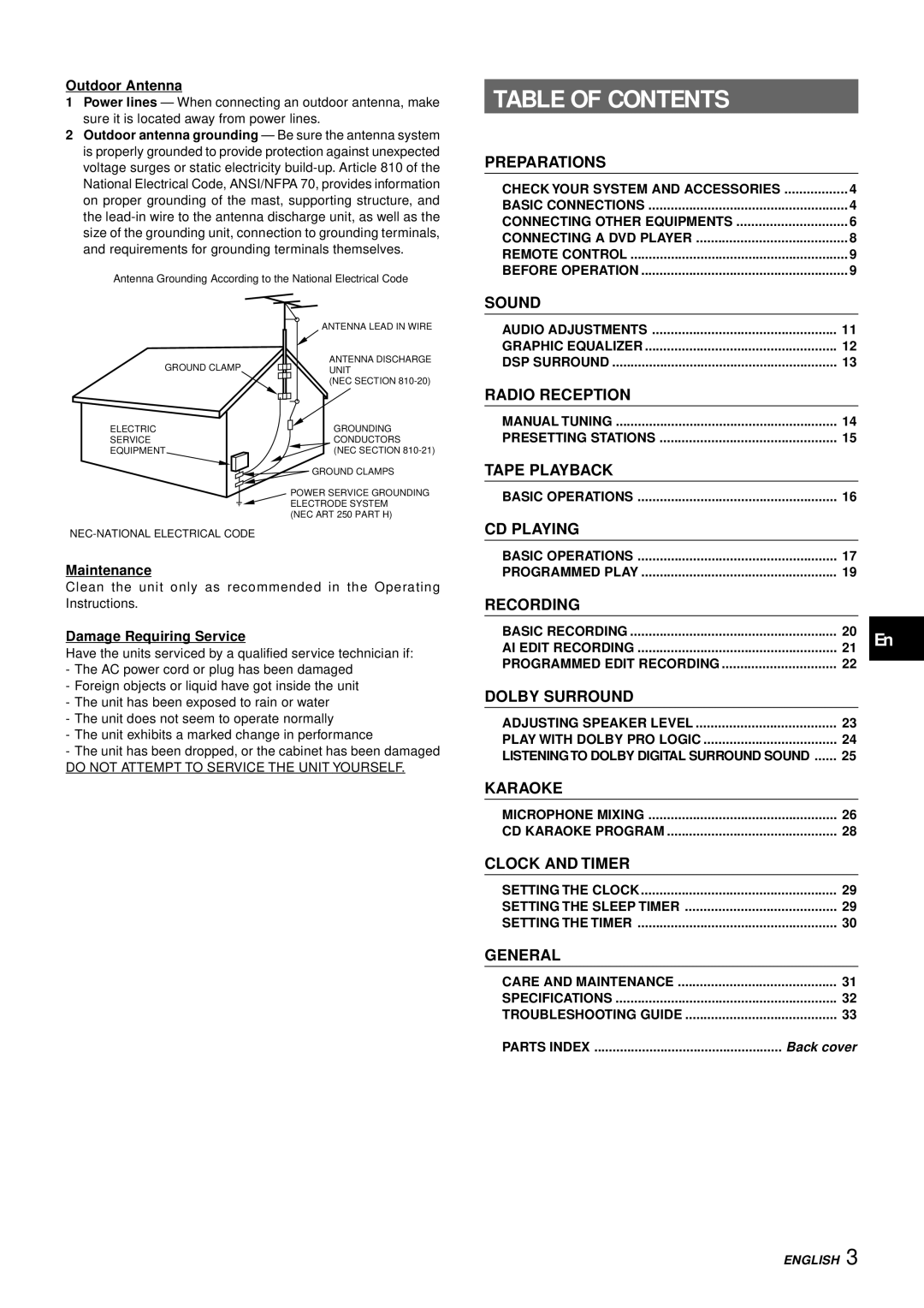 Aiwa XH-A1000 manual Table of Contents 