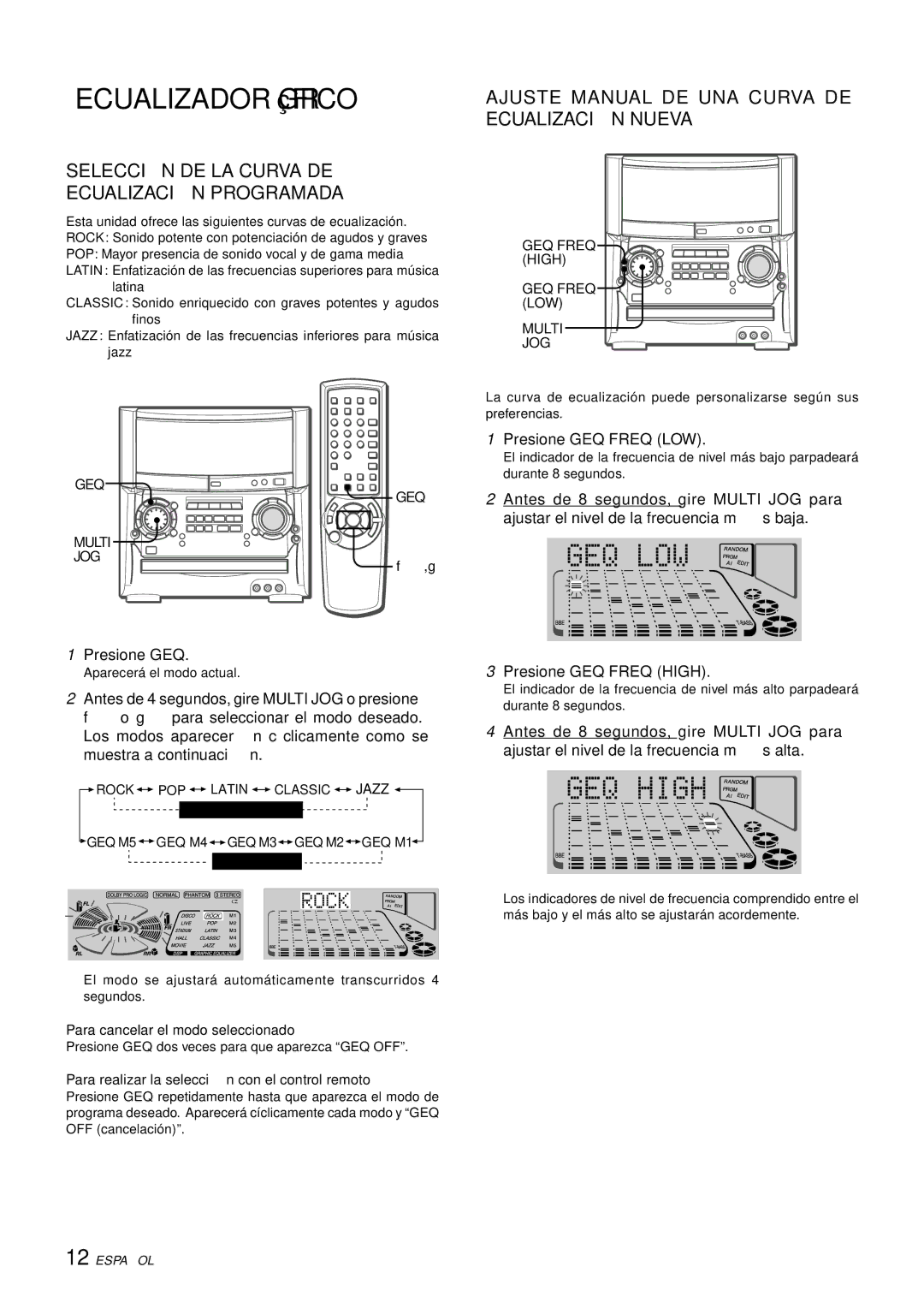 Aiwa XH-A1000 manual Ecualizador Gráfico, Selecció N DE LA Curva DE Ecualizació N Programada, Presione GEQ Freq LOW 