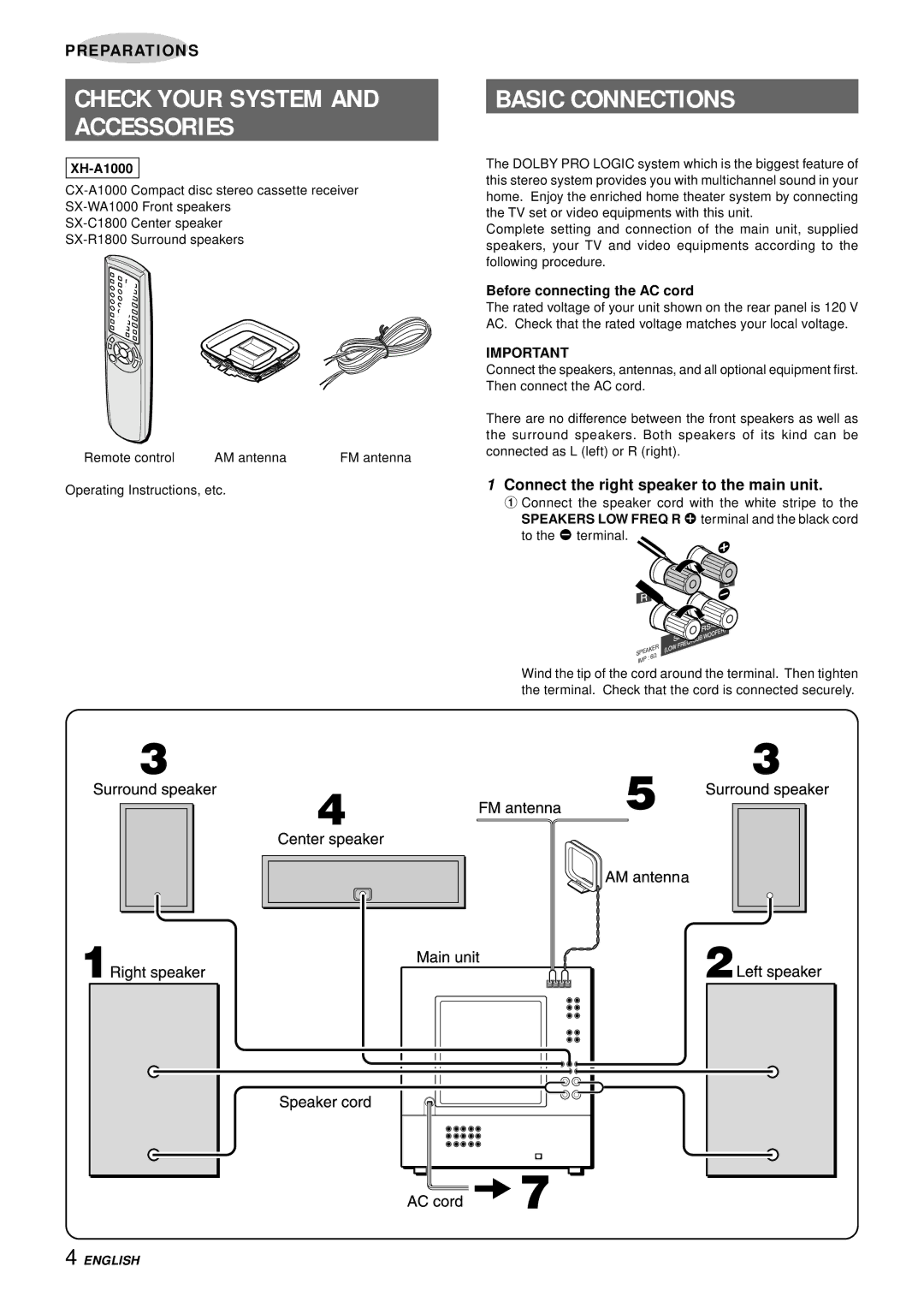 Aiwa XH-A1000 manual Check Your System Accessories, Basic Connections, Connect the right speaker to the main unit 