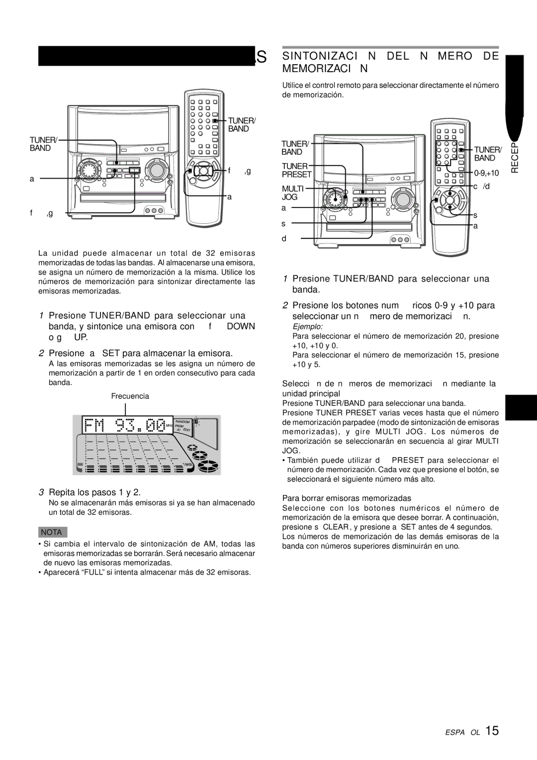 Aiwa XH-A1000 manual Sintonizació N DEL NÚ Mero DE, Memorizació N, Repita los pasos 1 y, Para borrar emisoras memorizadas 