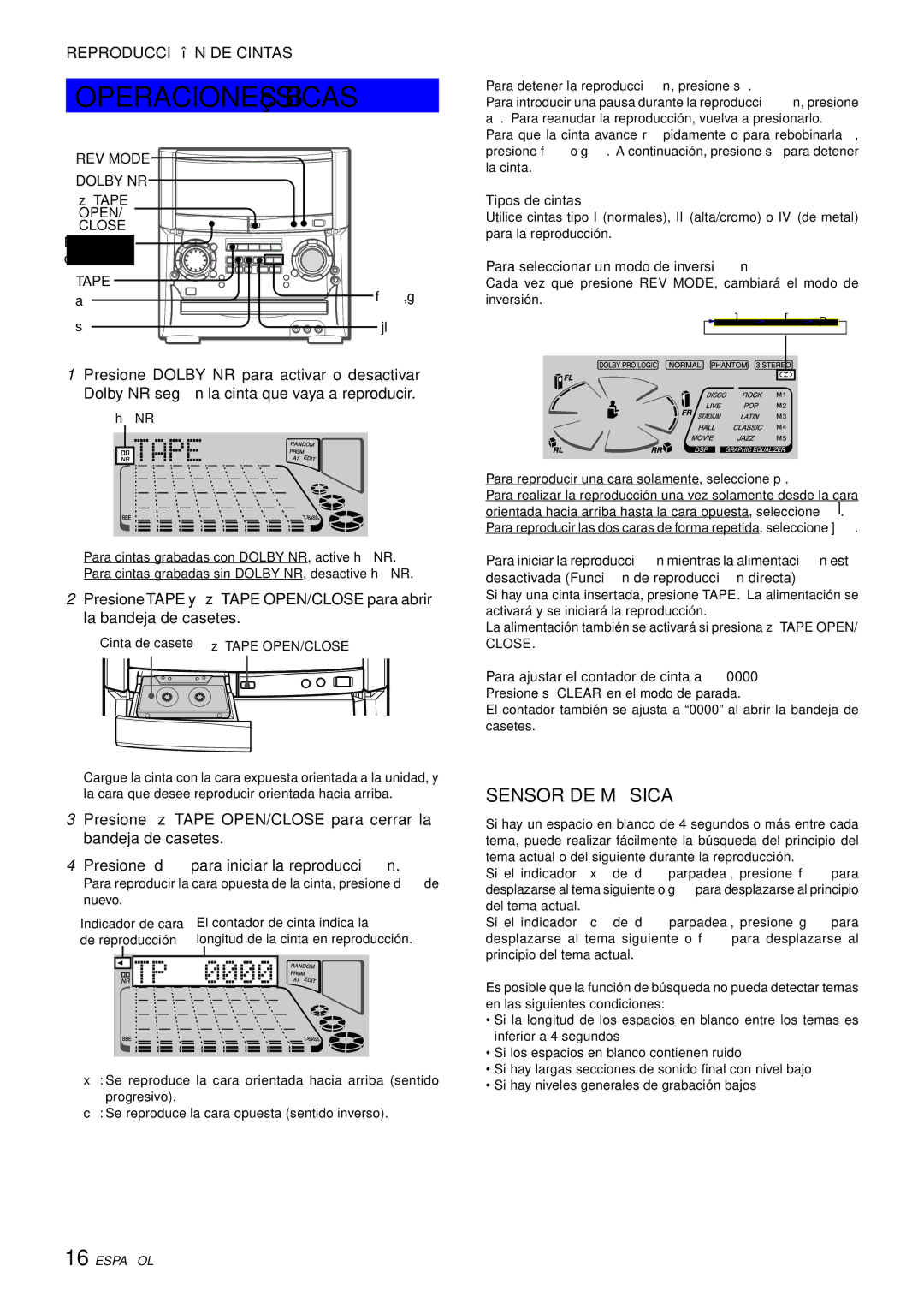 Aiwa XH-A1000 manual Operaciones Básicas, Sensor DE MÚ Sica, Reproducción DE Cintas 