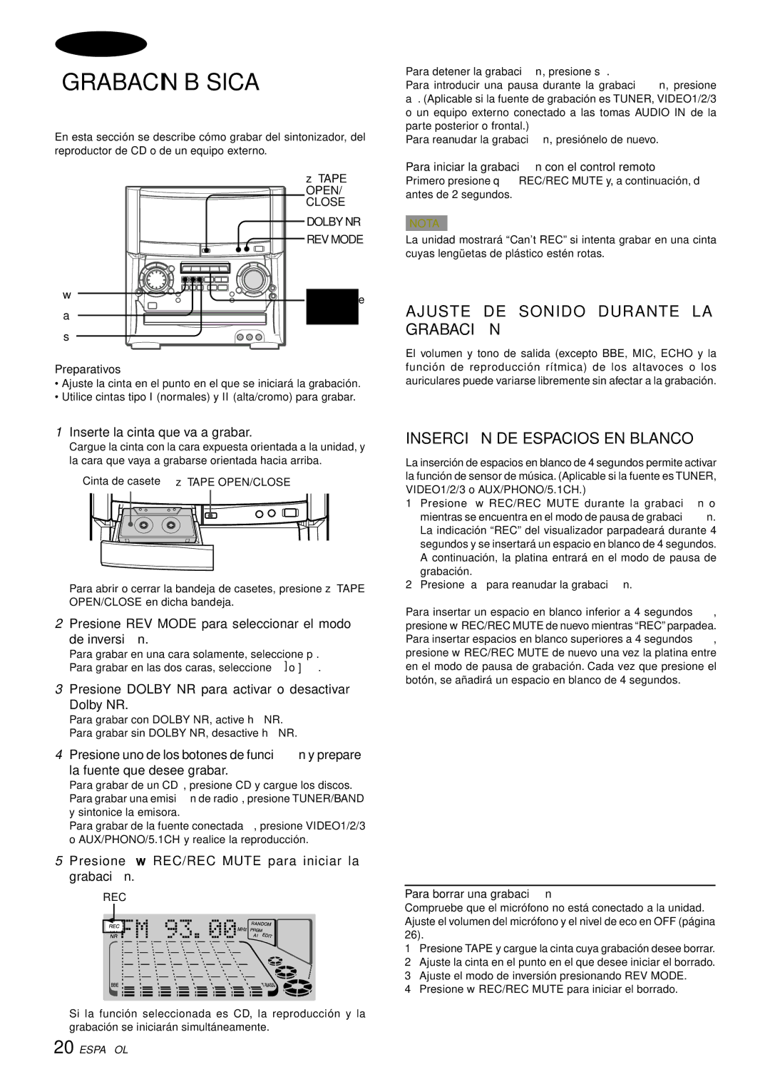 Aiwa XH-A1000 manual Grabación Básica, Ajuste DE Sonido Durante LA Grabació N, Inserció N DE Espacios EN Blanco 