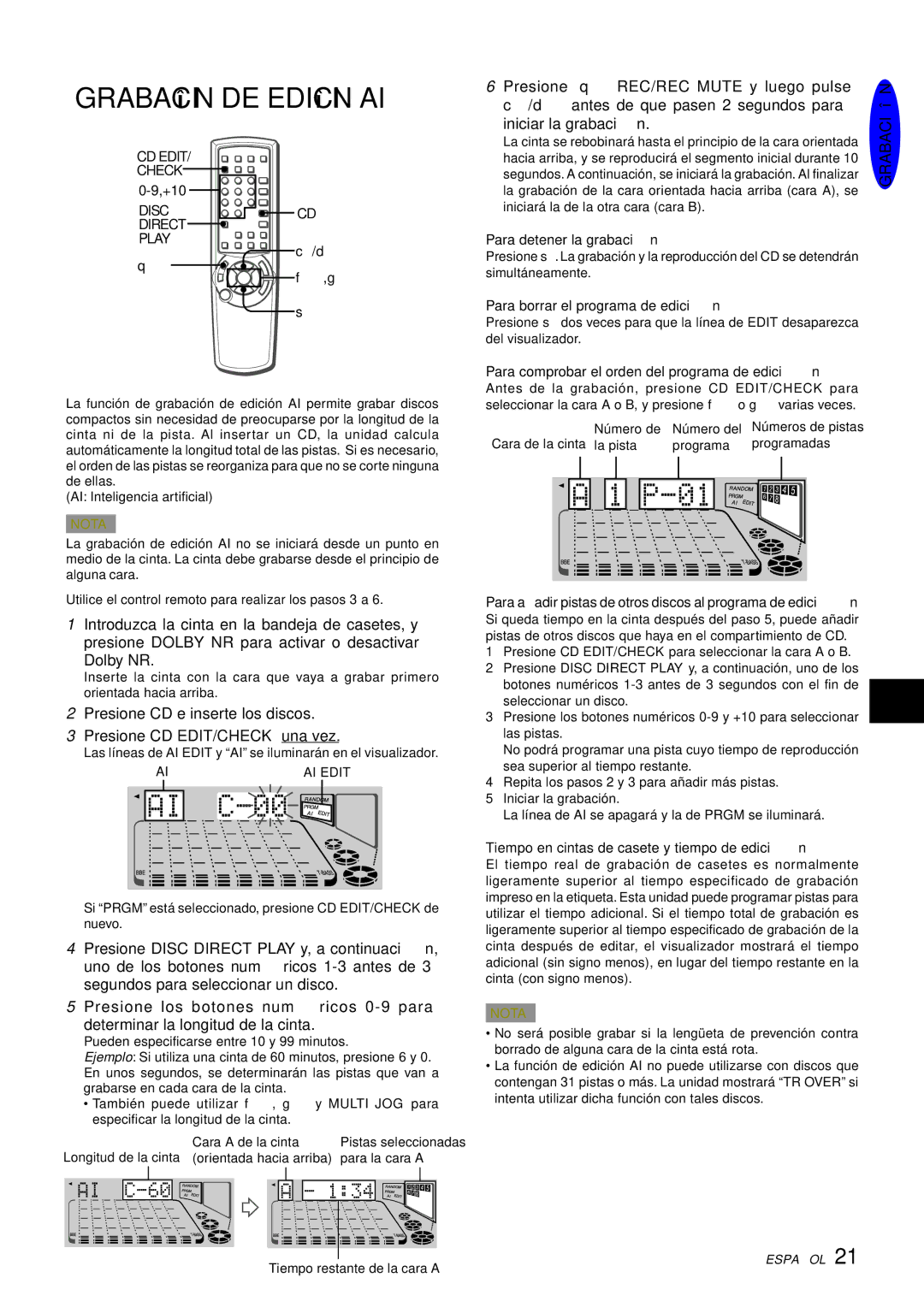 Aiwa XH-A1000 manual Grabación DE Edición AI 