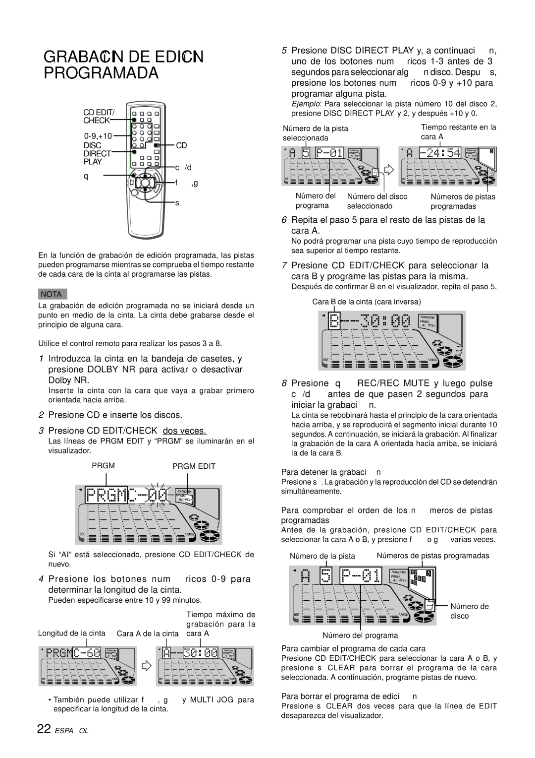 Aiwa XH-A1000 manual Grabación DE Edición Programada, Programar alguna pista, Para cambiar el programa de cada cara 