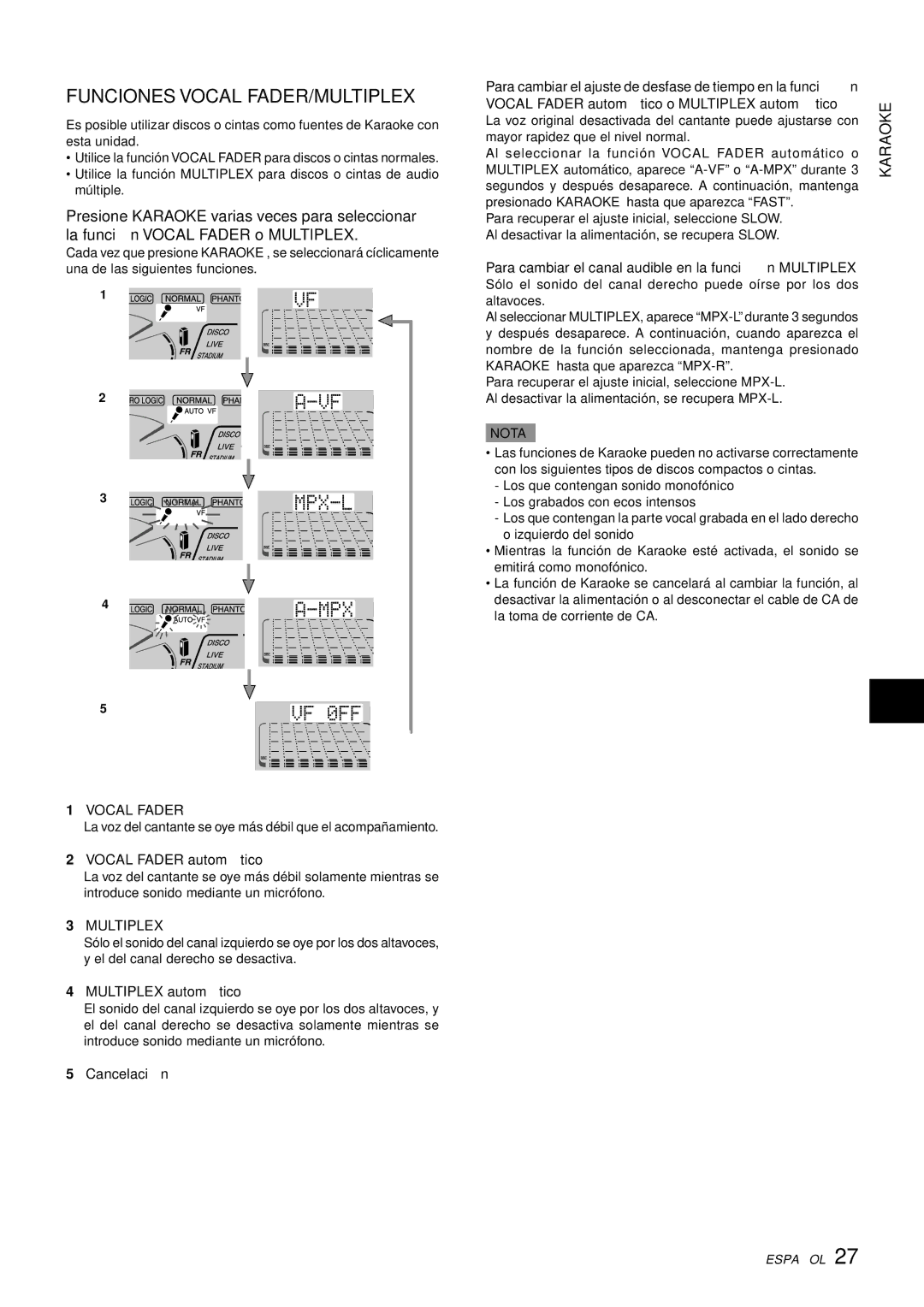 Aiwa XH-A1000 manual Funciones Vocal FADER/MULTIPLEX, Vocal Fader, Multiplex 