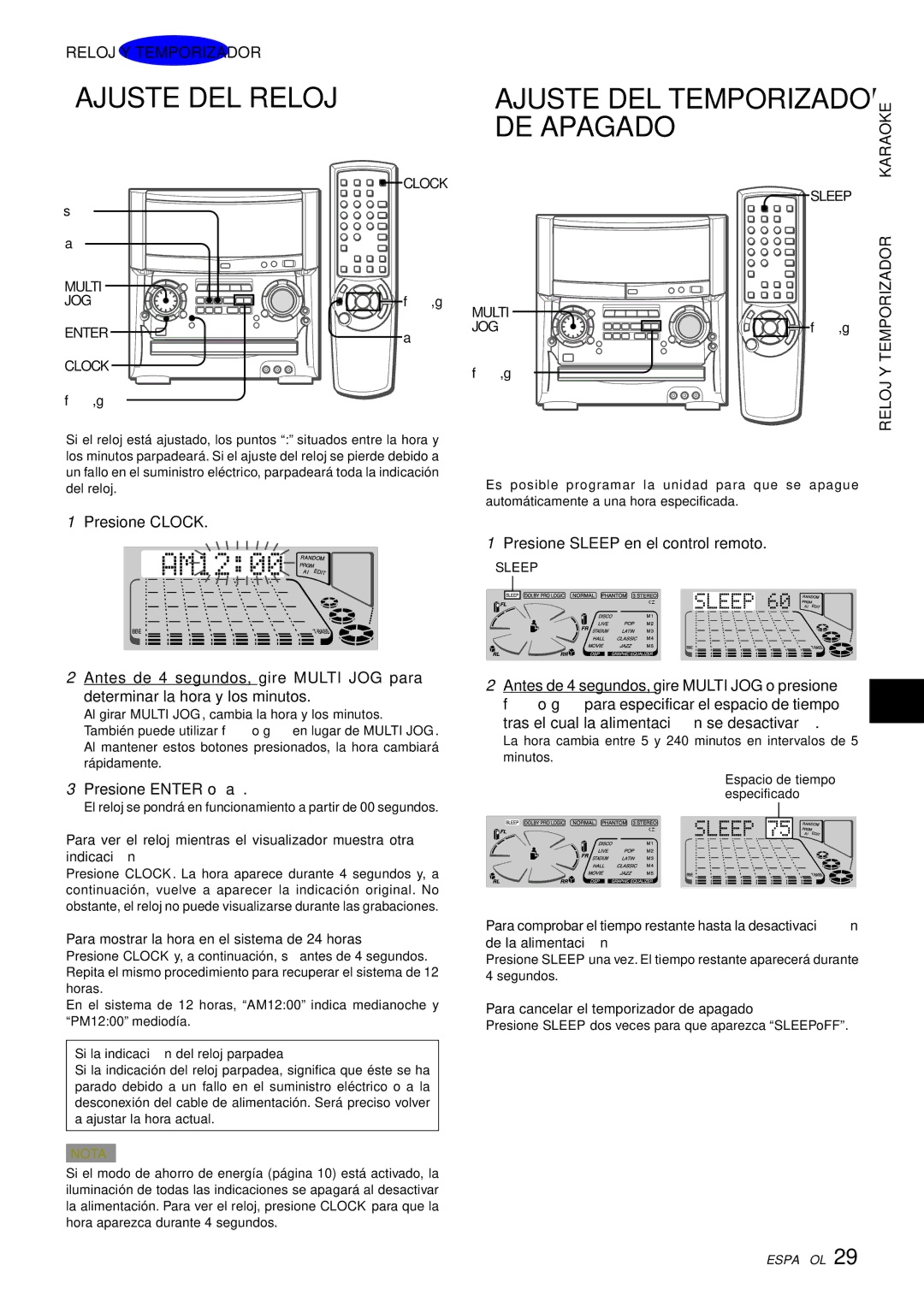 Aiwa XH-A1000 manual Ajuste DEL Reloj, DE Apagado, Reloj Y Temporizador Karaoke 