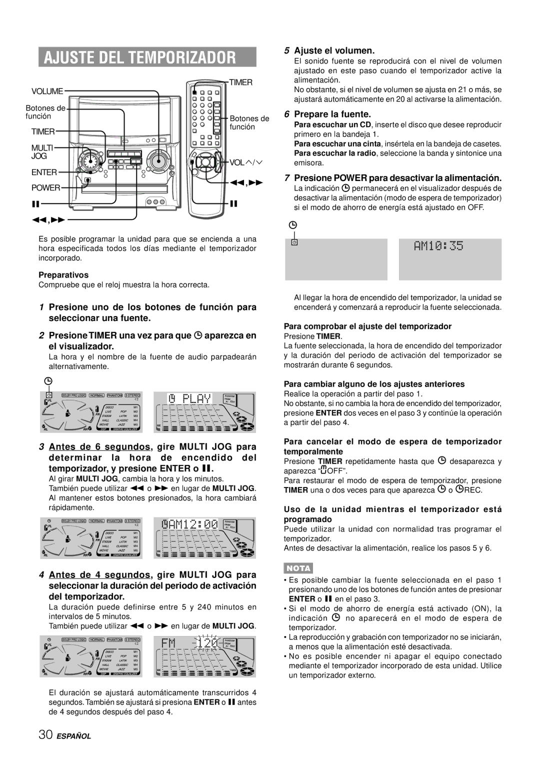 Aiwa XH-A1000 manual Ajuste DEL Temporizador, Ajuste el volumen, Prepare la fuente, Del temporizador 