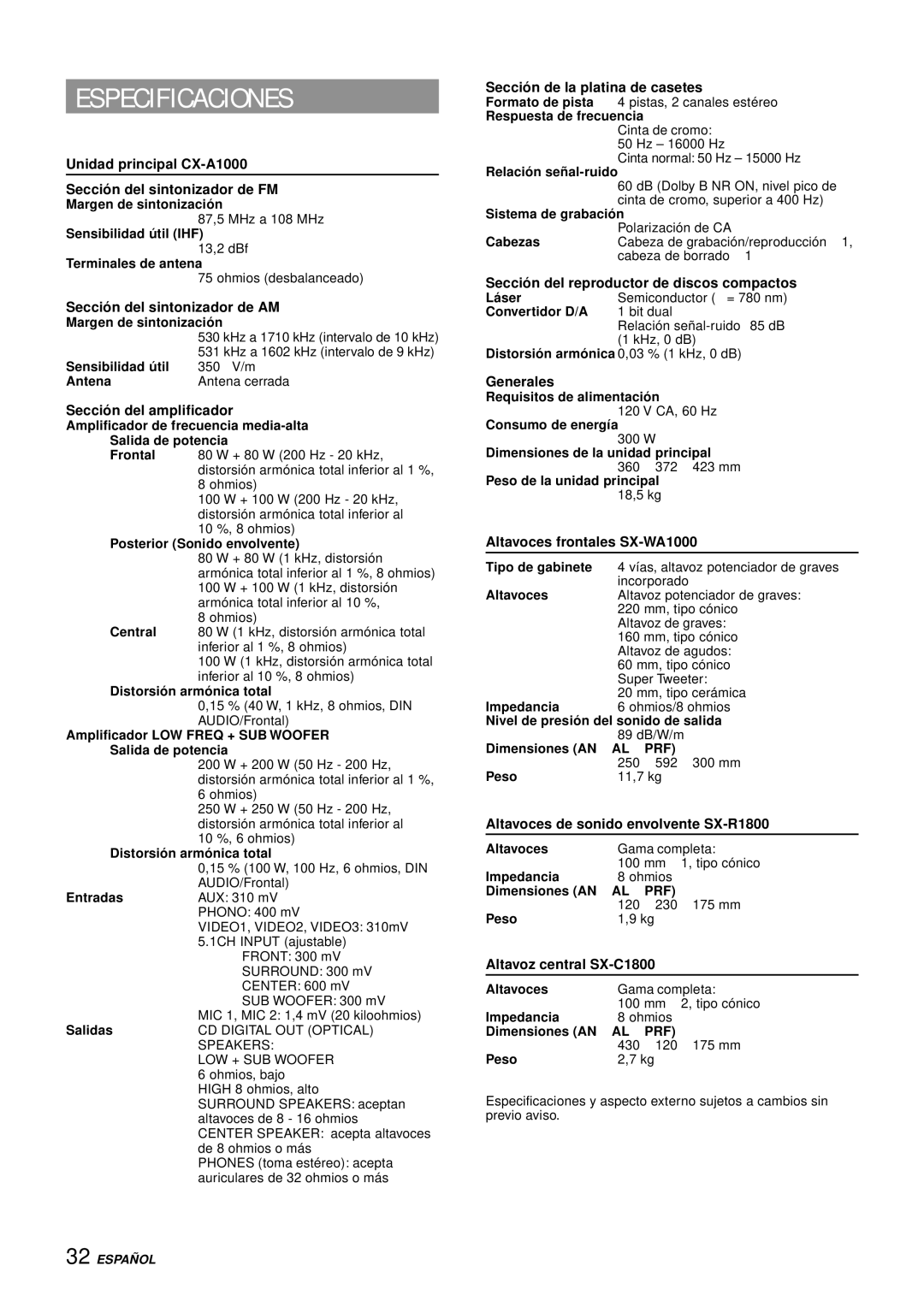 Aiwa XH-A1000 manual Especificaciones 