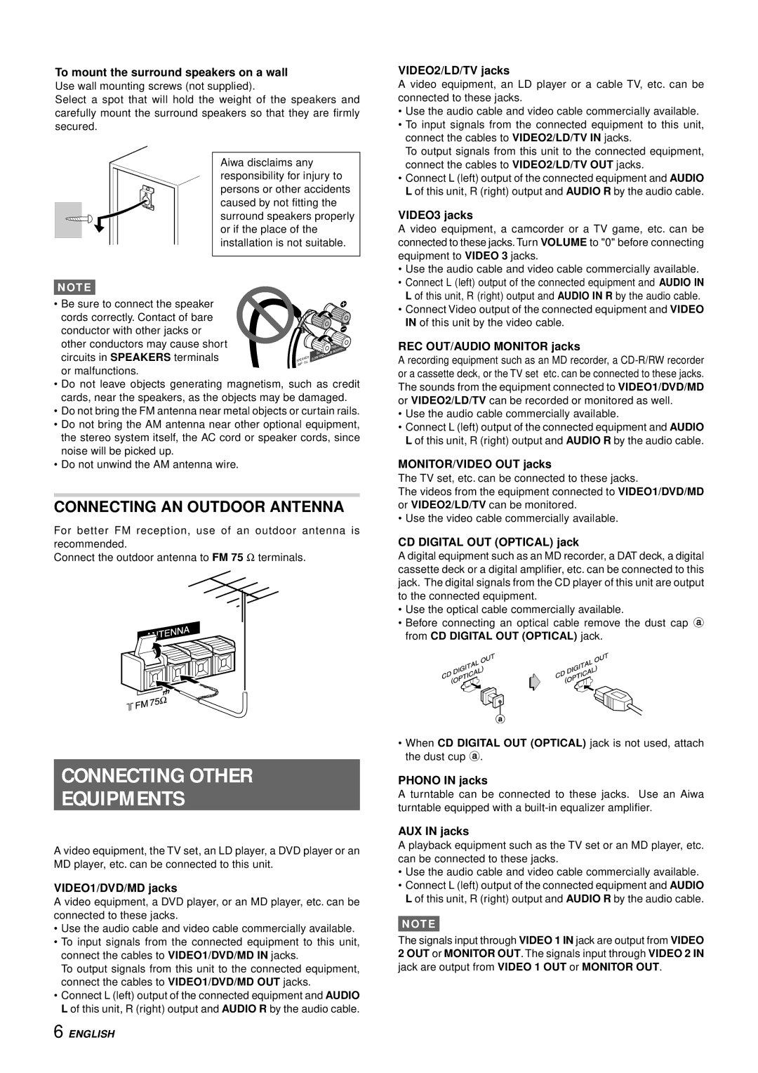 Aiwa XH-A1000 manual Connecting Other Equipments, Connecting AN Outdoor Antenna 