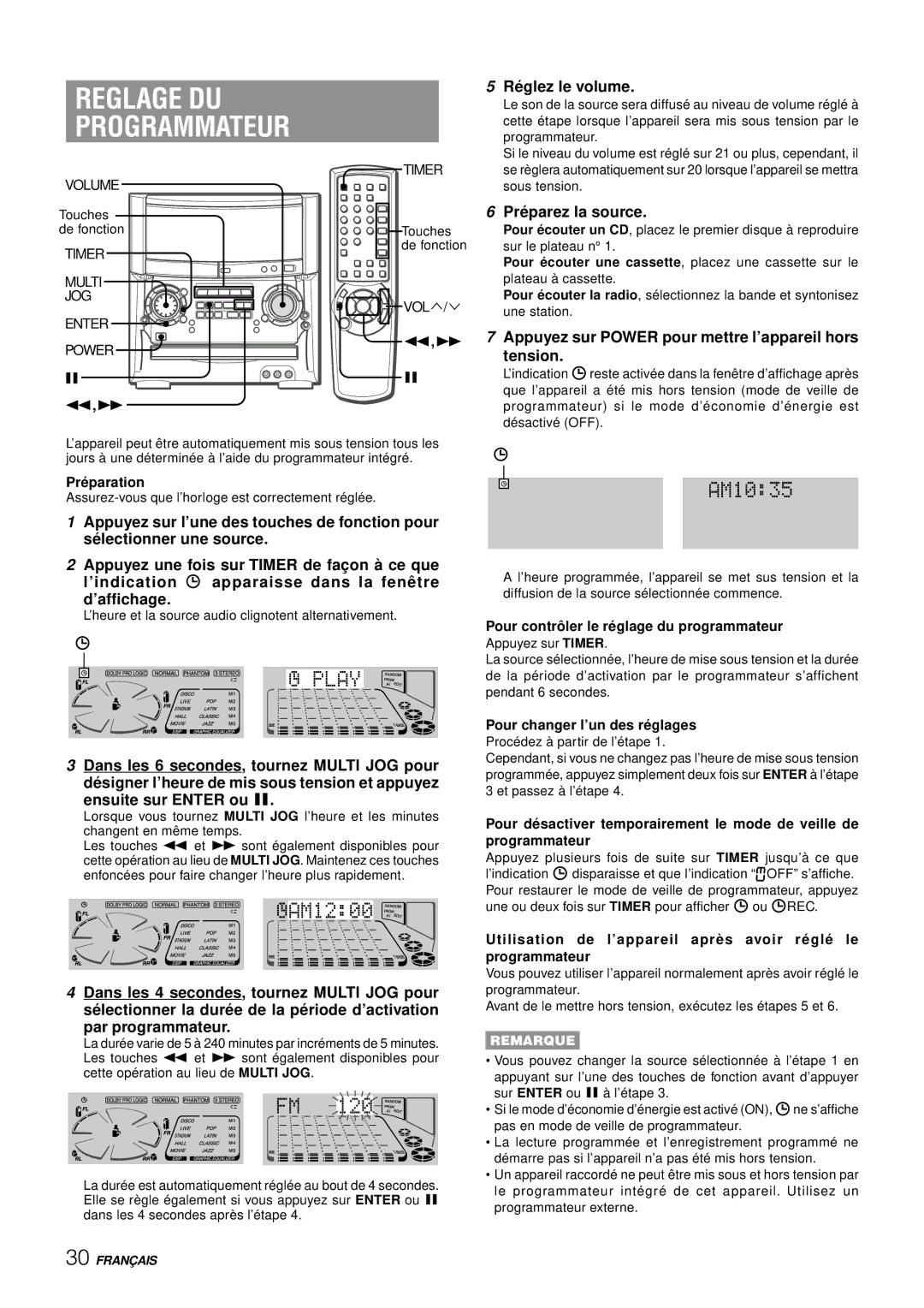 Aiwa XH-A1000 manual Reglage DU Programmateur, Ensuite sur Enter ou a, Ré glez le volume, Pré parez la source 