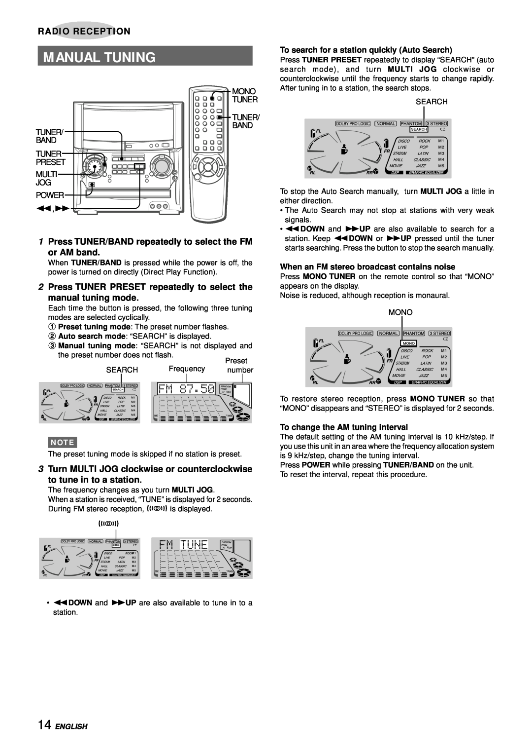 Aiwa XH-A1000 Manual Tuning, 1Press TUNER/BAND repeatedly to select the FM, or AM band, manual tuning mode, English 