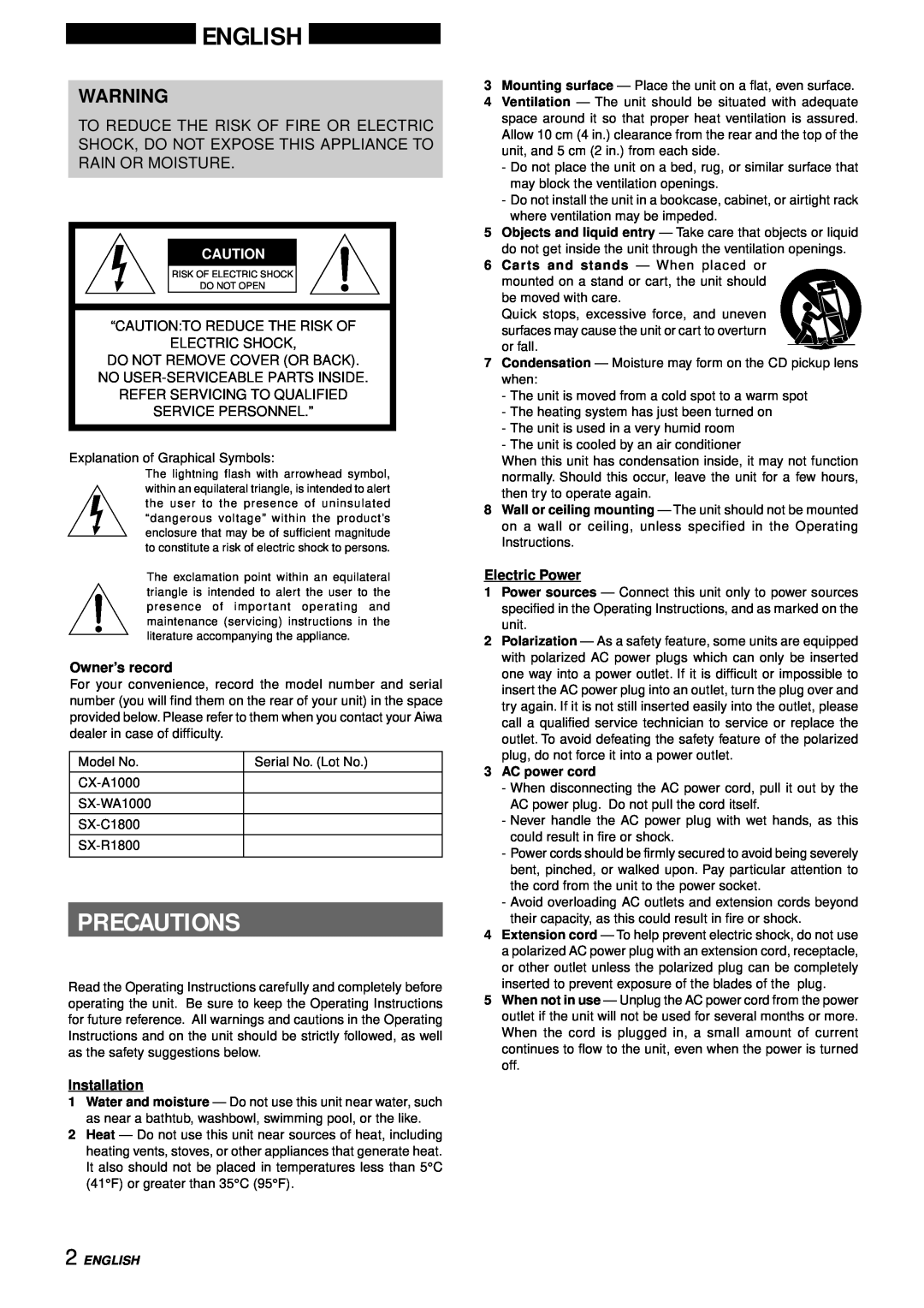 Aiwa XH-A1000 manual English, Precautions, “Caution:To Reduce The Risk Of, Electric Shock, Do Not Remove Cover Or Back 