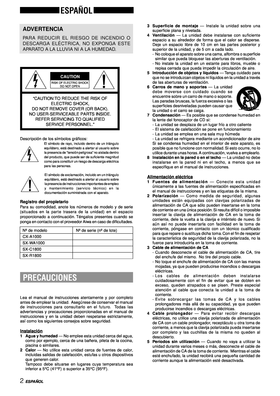 Aiwa XH-A1000 manual Español, Precauciones, Advertencia, Service Personnel.”, Registro del propietario, Instalació n 