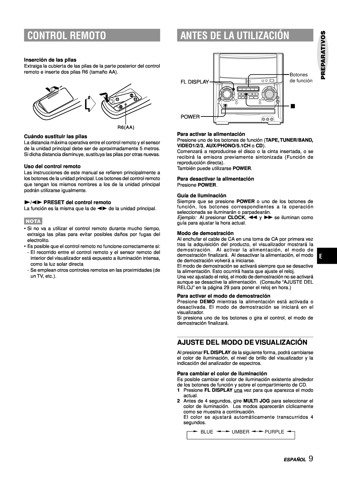 Aiwa XH-A1000 manual Control Remoto, Antes De La Utilización, Ajuste Del Modo De Visualizació N, Inserció n de las pilas 