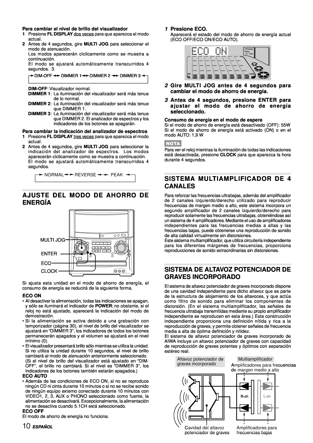 Aiwa XH-A1000 manual Ajuste Del Modo De Ahorro De Energía, SISTEMA MULTIAMPLIFICADOR DE 4 CANALES, 1Presione ECO 