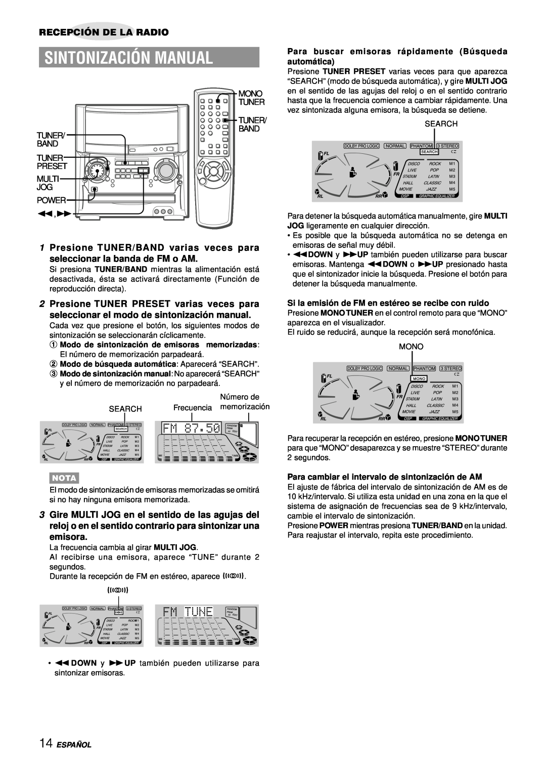 Aiwa XH-A1000 Sintonización Manual, Recepción De La Radio, emisora, Para cambiar el intervalo de sintonizació n de AM 
