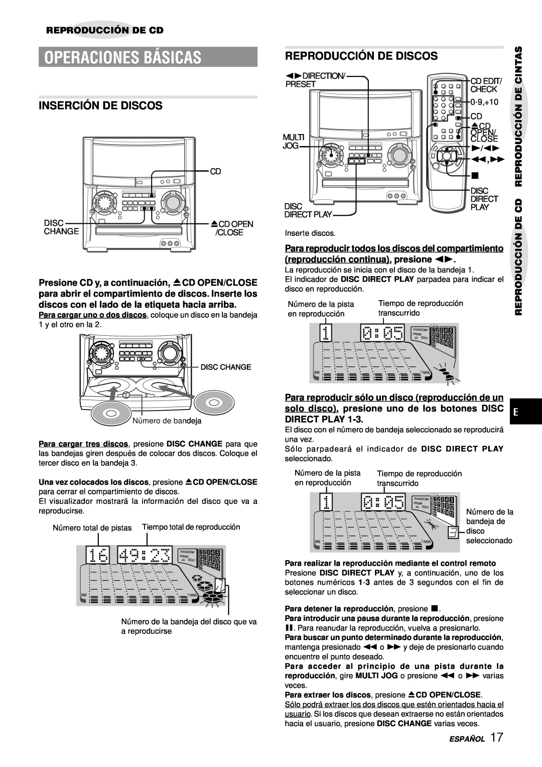 Aiwa XH-A1000 manual Inserció N De Discos, Reproducció N De Discos, Reproducción De Cd, Cintas, Operaciones Básicas 