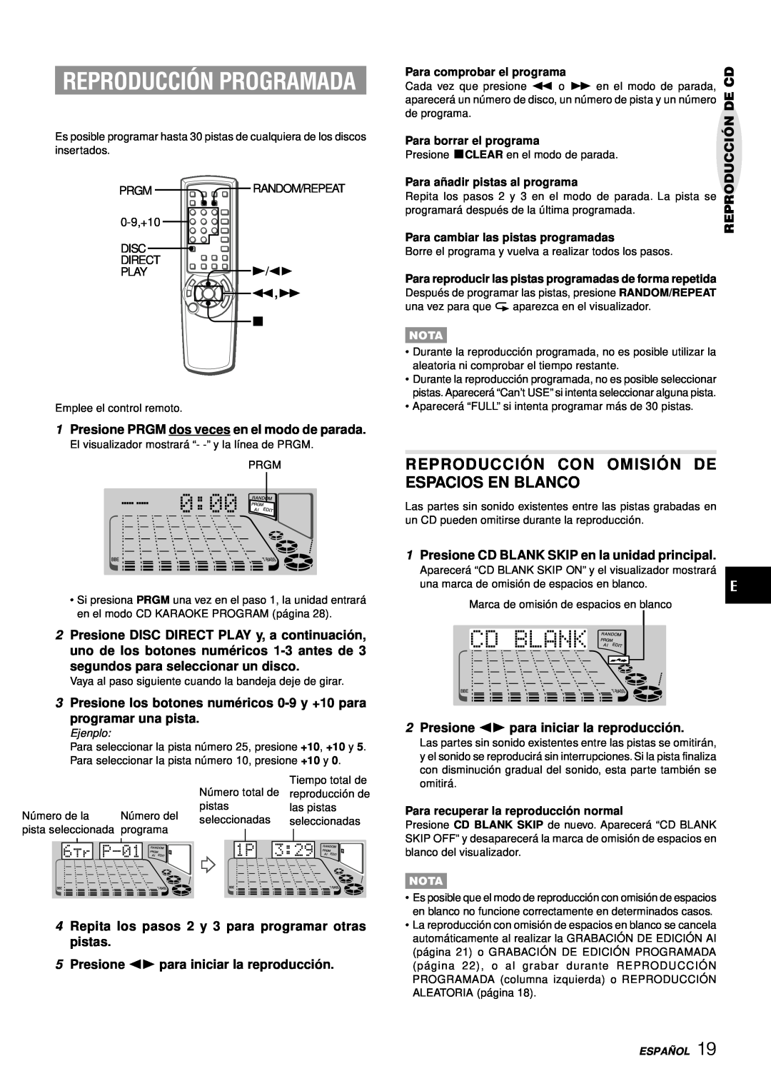 Aiwa XH-A1000 manual Reproducción Programada, Reproducció N Con Omisió N De Espacios En Blanco, programar una pista 