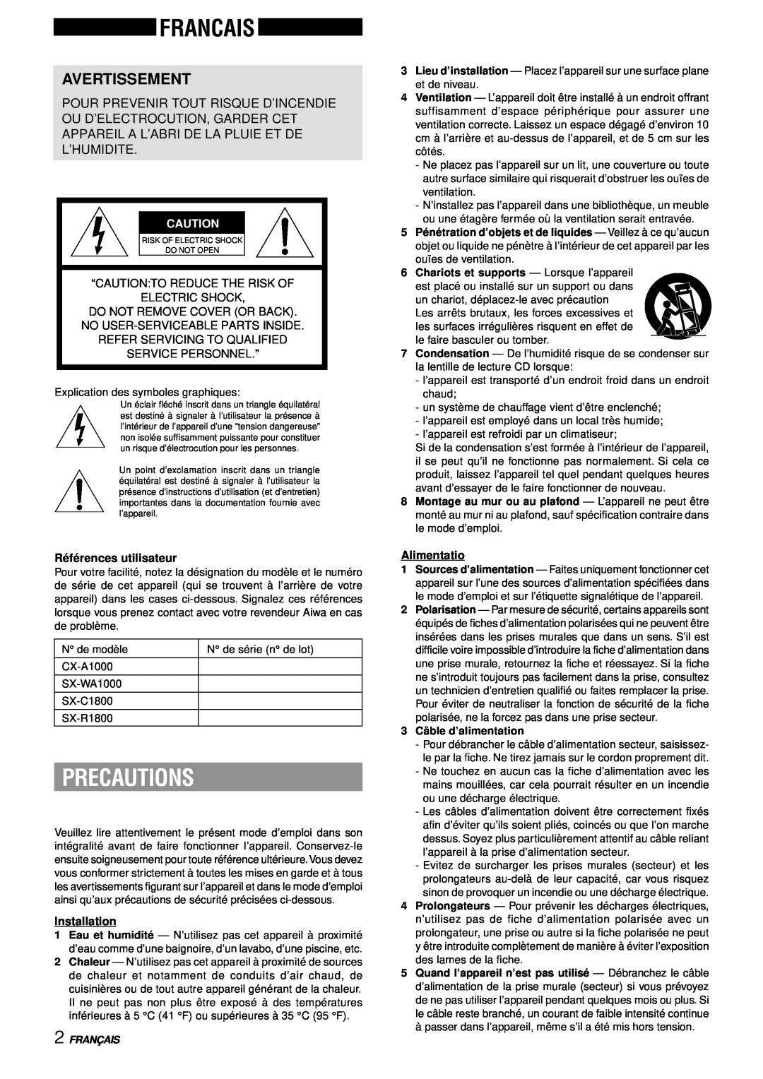 Aiwa XH-A1000 manual Francais, Avertissement, Ré fé rences utilisateur, Alimentatio, Français, Precautions, Electric Shock 