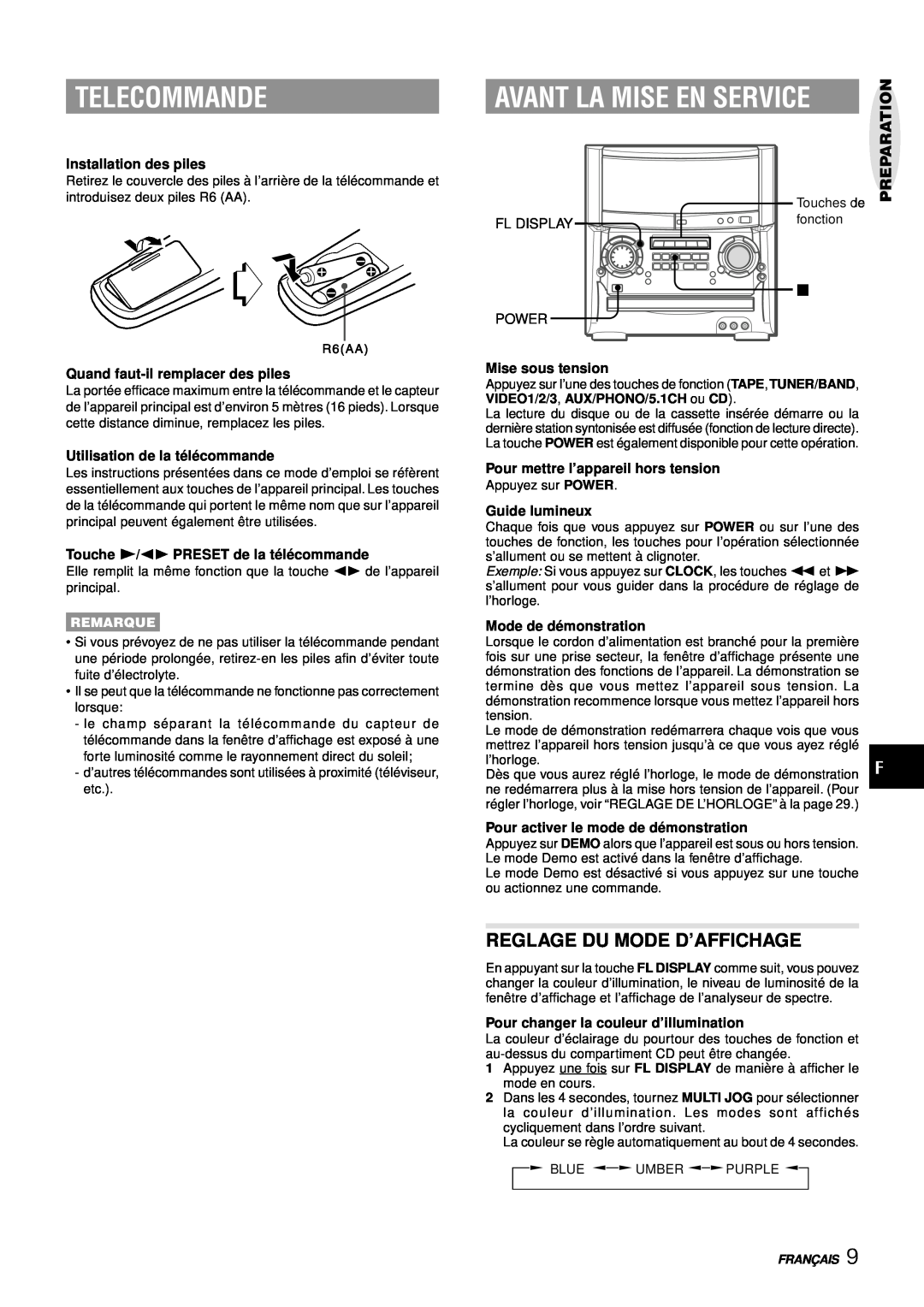 Aiwa XH-A1000 Telecommande, Avant La Mise En Service, Reglage Du Mode D’Affichage, Installation des piles, Guide lumineux 
