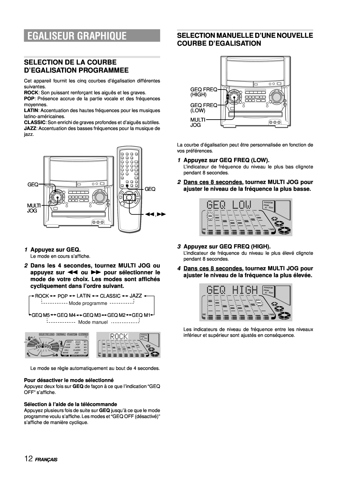 Aiwa XH-A1000 manual Egaliseur Graphique, Selection De La Courbe D’Egalisation Programmee, 1Appuyez sur GEQ, Franç Ais 