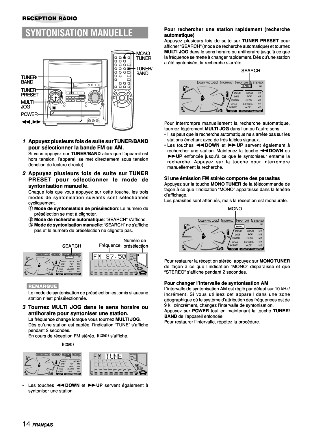 Aiwa XH-A1000 manual Syntonisation Manuelle, 1Appuyez plusieurs fois de suite sur TUNER/BAND, Reception Radio 
